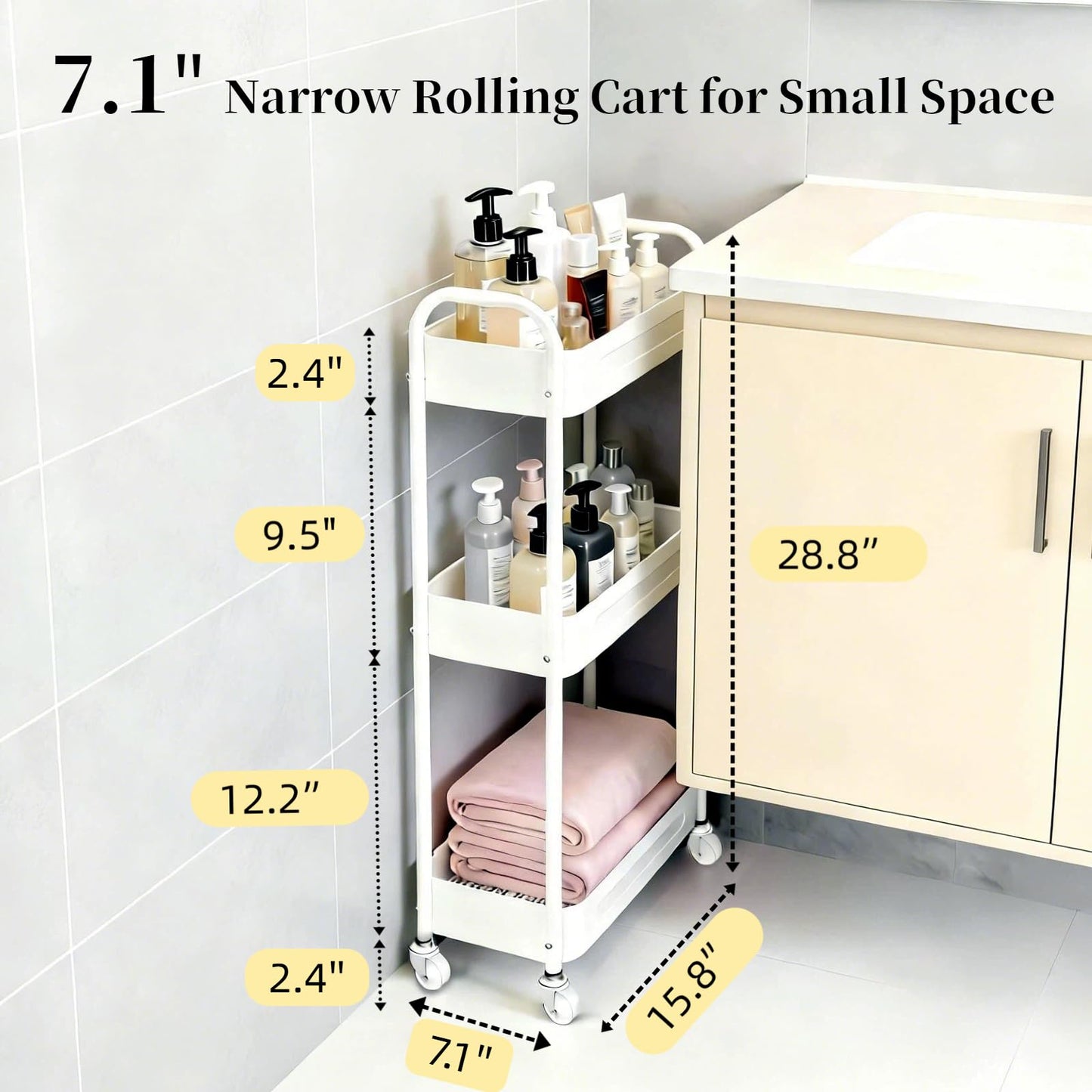LIWNYRK 3 Tier Narrow Rolling Storage Cart for Laundry Room Bathroom Kitchen, 7.1'' Slim Utility Cart with Wheels and Lockable Casters Standing Shelf for Small Space & Between Washer and Dryer, White