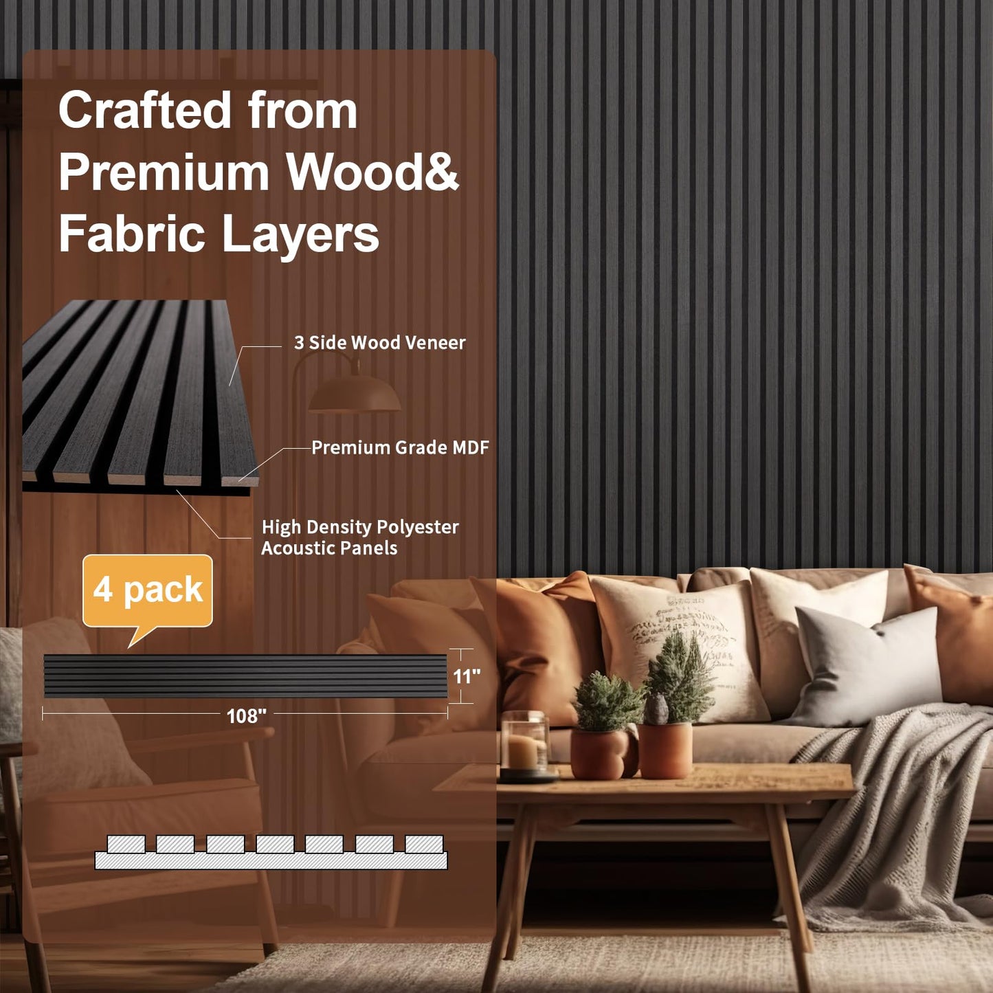 Yuzzy Wood Panels for Wall and Ceiling - 108 x 11 Inch Wood Slat Acoustic Panels 4 PCS - Modern Sound Absorbing Wall Panels for Interior Wall Decor for Home, Office, Studio - Rustic Black Oak