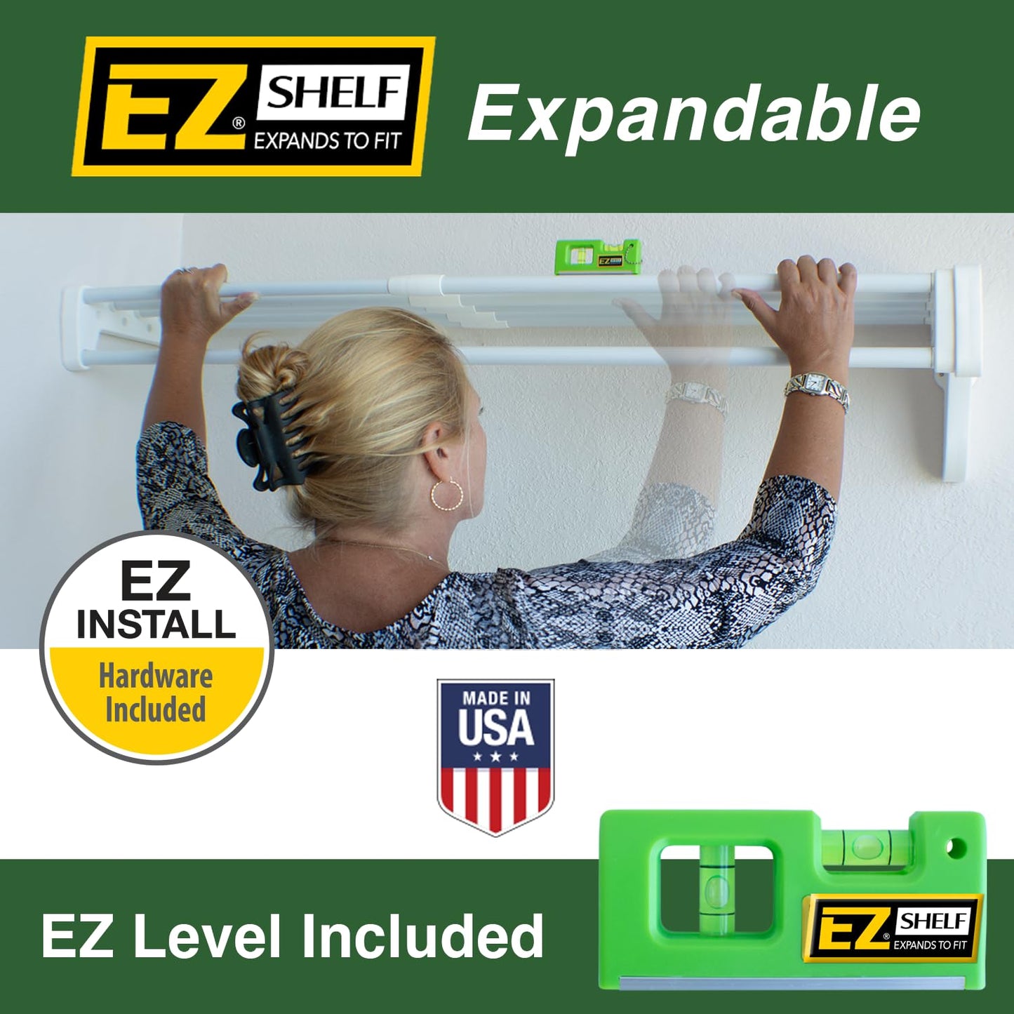 EZ SHELF- Closet Shelf with Hanging Rod, Expands 40.5-73", White, Closet Shelves Hold 200 lbs, Easy Install Closet Organizer to 2 Side Walls, Alternate for Closet Wire Shelving & Laundry Room Shelves