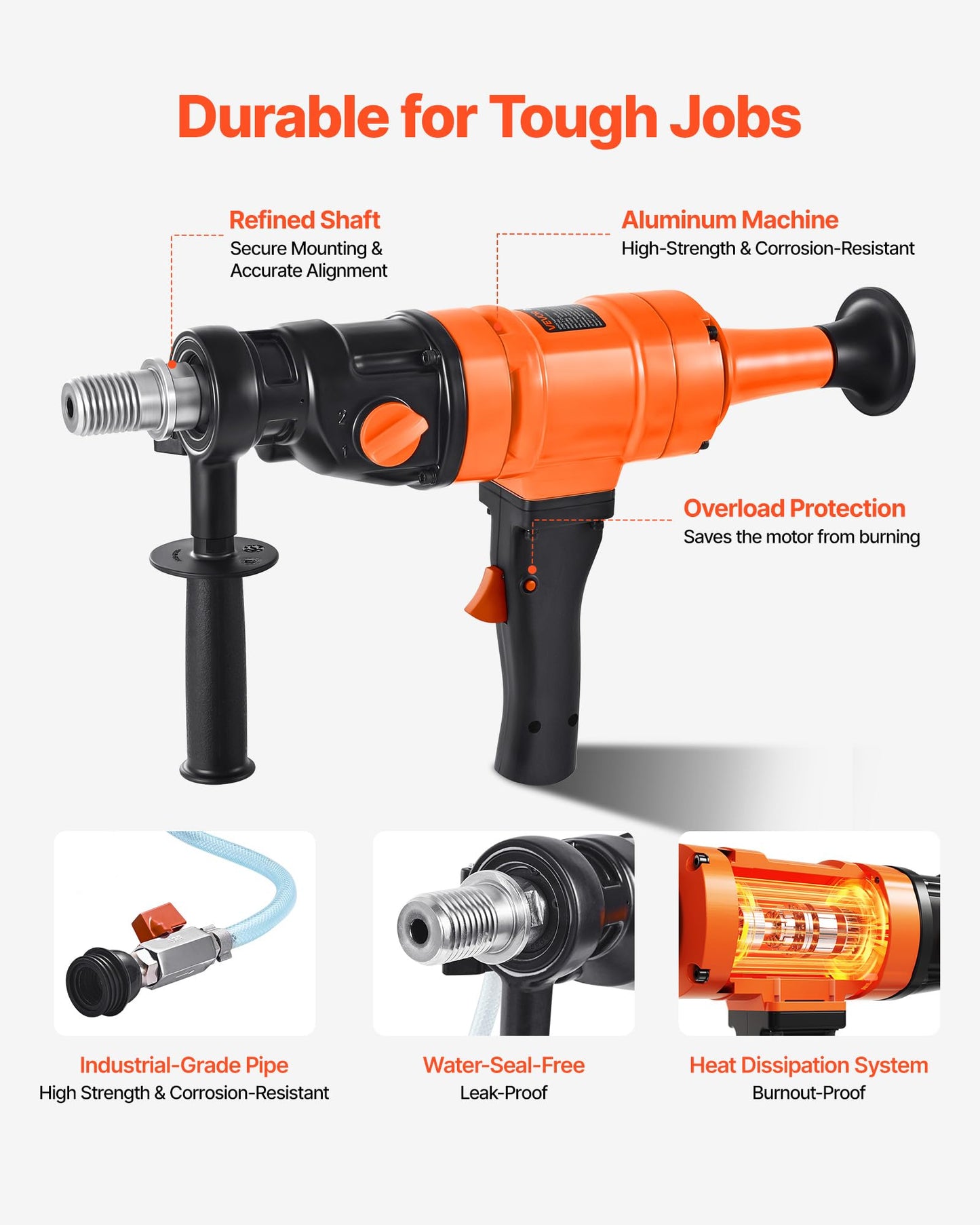 VEVOR Diamond Core Drilling Machine, 8 in Drilling Diameter, Handheld Dry and Wet Concrete Core Drill Rig with 4 Drill Bits, 1075/2300 RPM 2-Speed, UNC1 1/4-7 Thread, for Concrete Brick Stone, 1800W