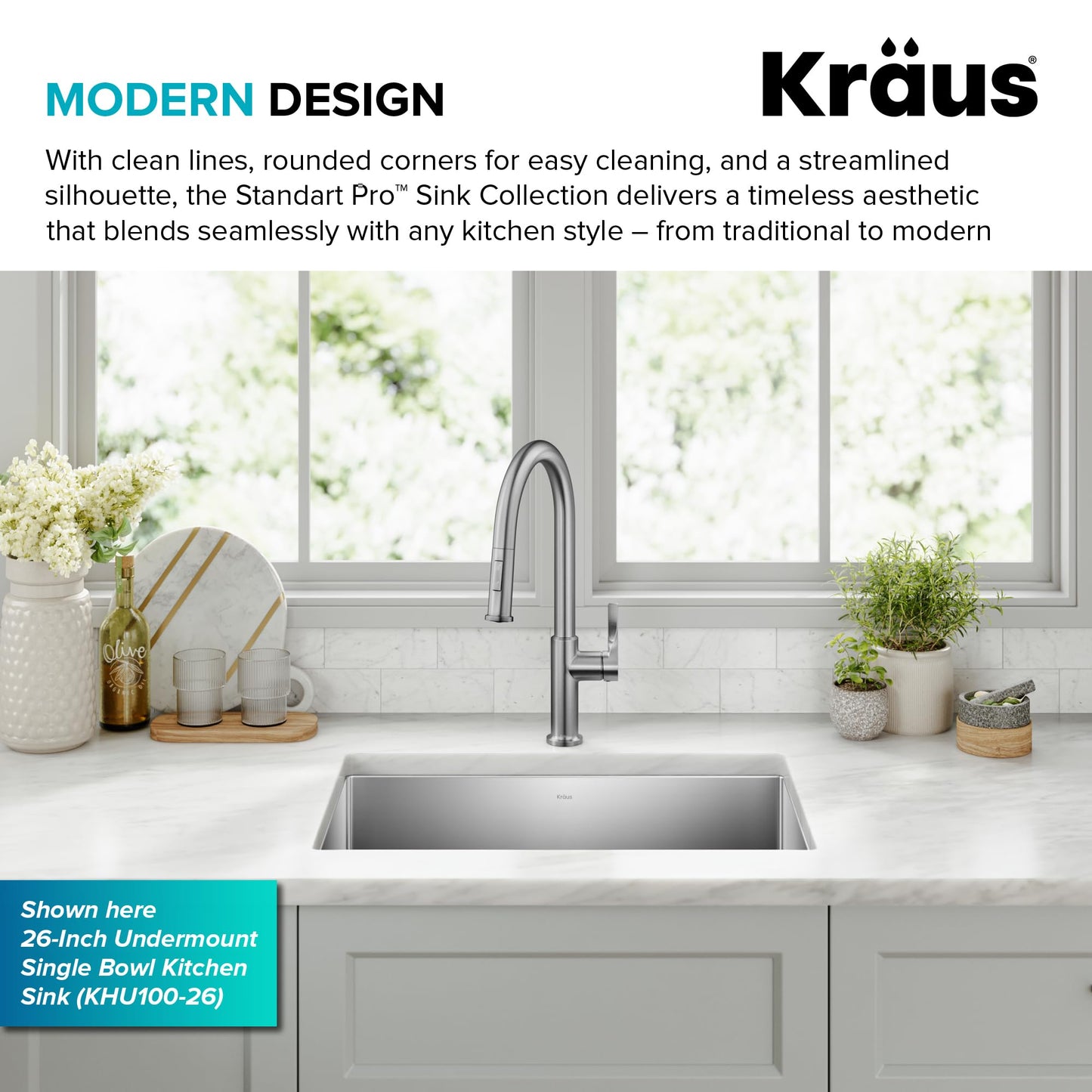 Kraus KHU101-21 Standart PRO 16 Gauge Undermount Single Bowl Set (4 Item Bundle: Sink, Bottom Grid, Drain Assembly, Kitchen Towel), 21 Inch, Stainless Steel