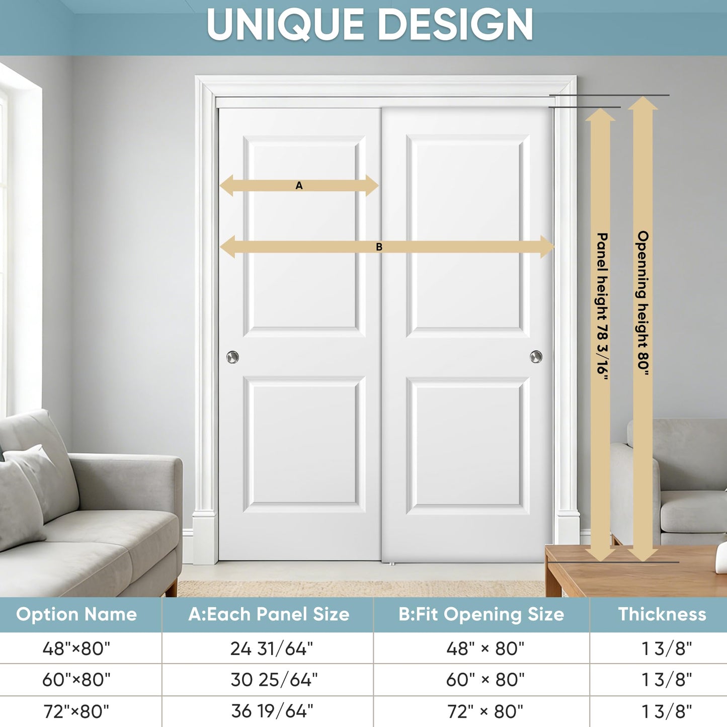 JUBEST 48x80 in Sliding Closet Door, Raised 2-Panel Square Top White Primed Hollow Core Door Slab with Hardware Kits & Matching Fascia, Pre-drilled & Paintable, Space-Saving for Bedroom Laundry