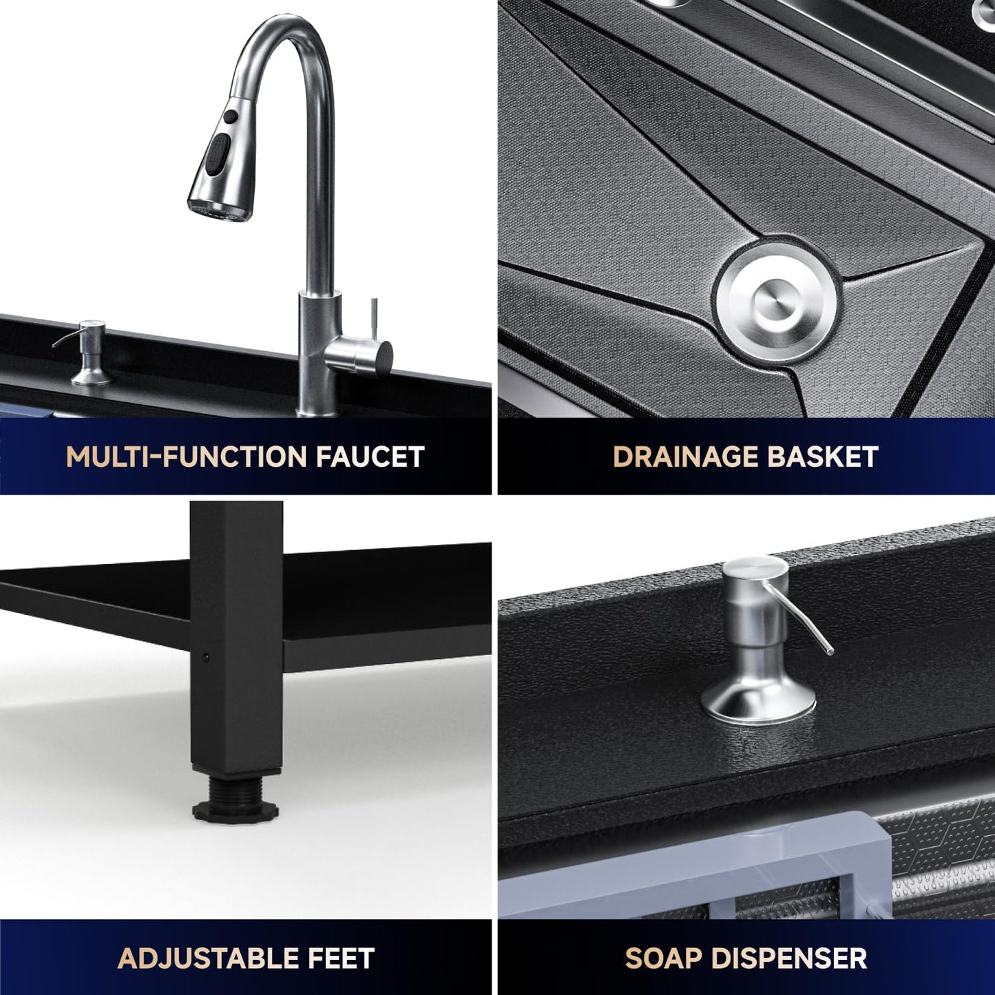 24 Inch Stainless Steel Utility Sink, Freestanding Commercial Sink with Pull-out Faucet,Heavy Duty Single Bowl Laundry Sinks for Garage,Kitchen,Outdoor, 24.21"L x 18.66"W x 35.04"H,Black