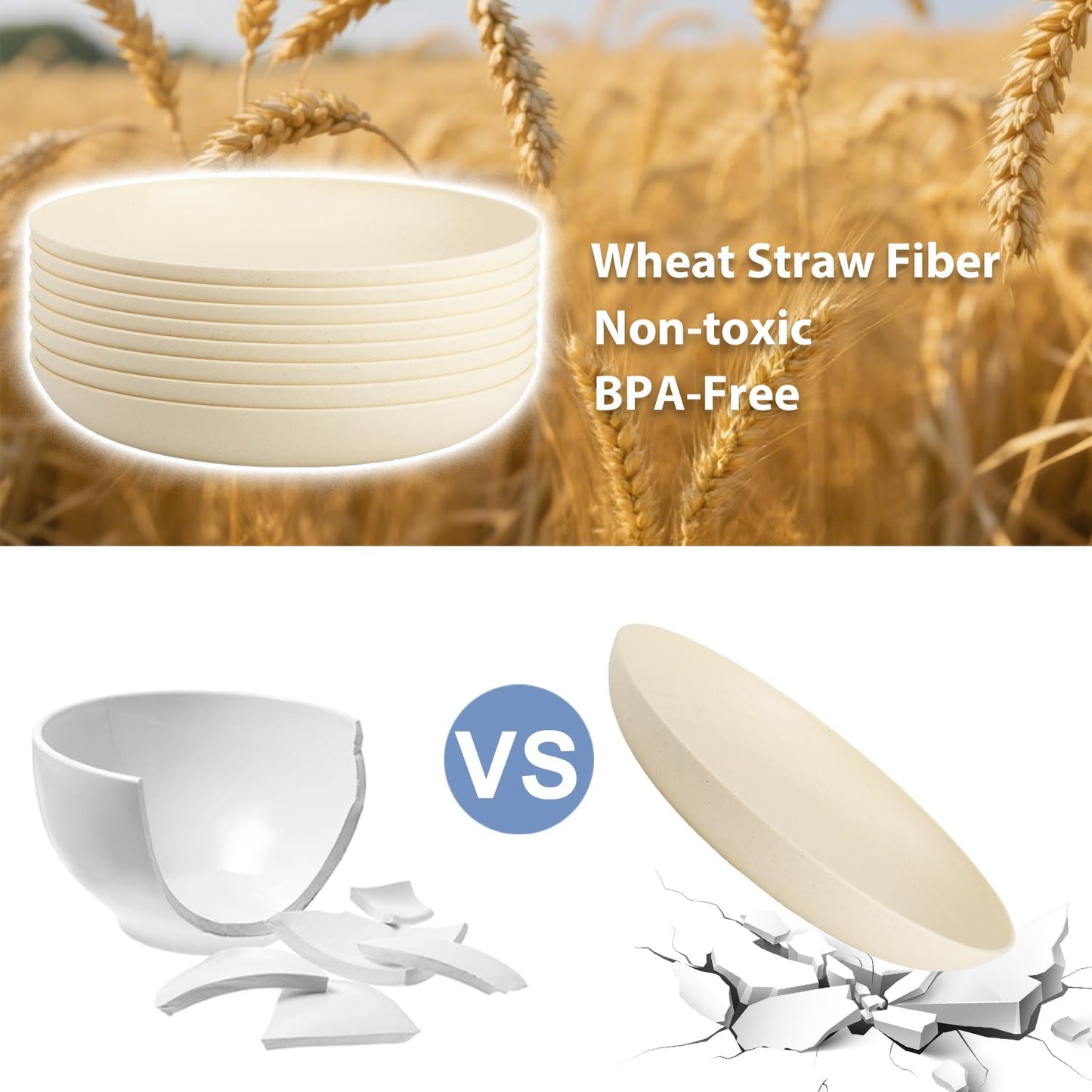BUSOKIP Deep Dinner Plates Set of 8, Wheat Straw Plate 9 Inch, Lightweight and Unbreakable Plastic Plate Reusable, Microwave & Dishwasher Safe Camping Plates for Picnic, Outdoor, Travel (Beige)
