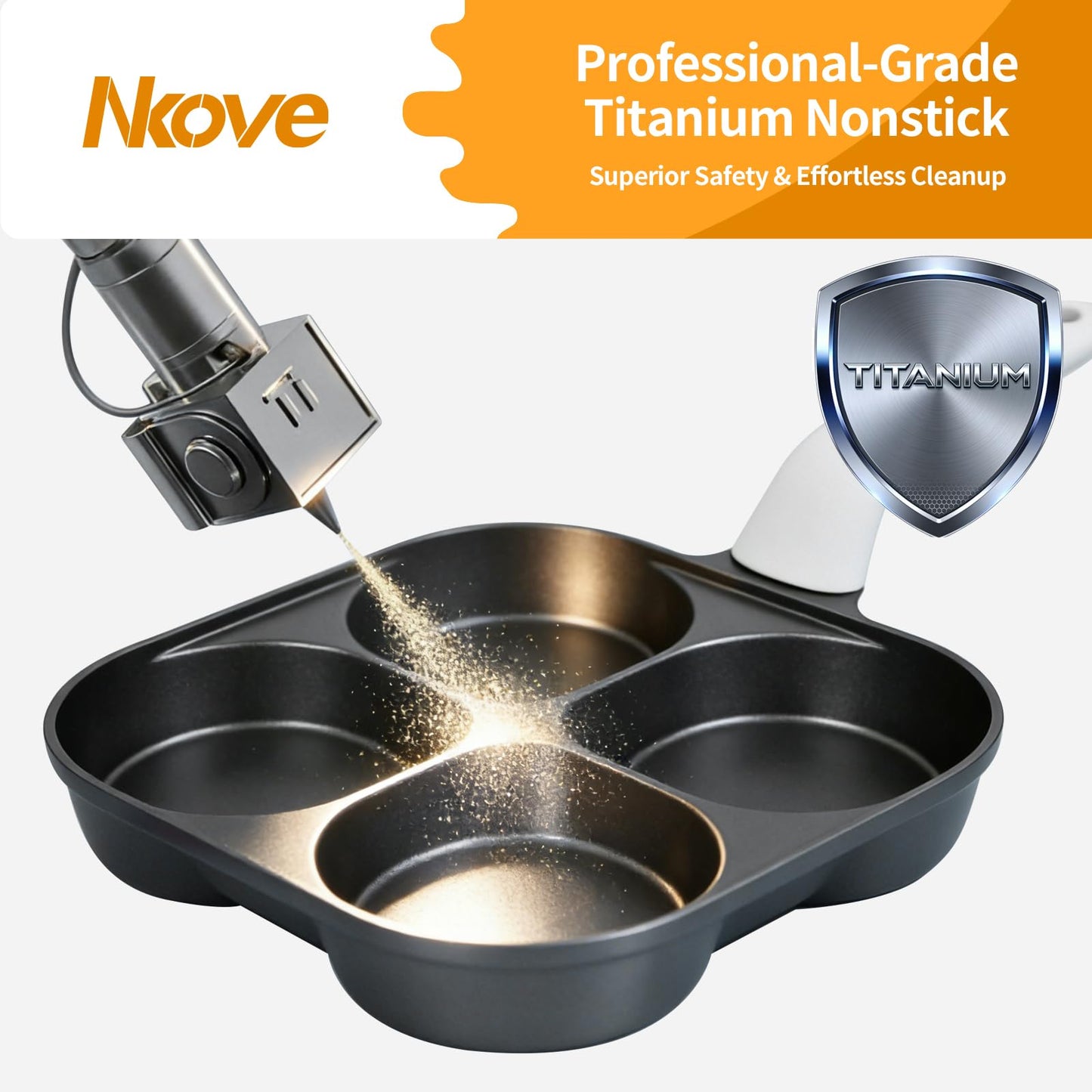 Nkove 4-Cup Titanium Nonstick Egg Pan Omelette Pan，Versatile Breakfast Skillet for Eggs, Pancakes, Plett, Crepes, Suitable for Gas Stove & Induction Cookware