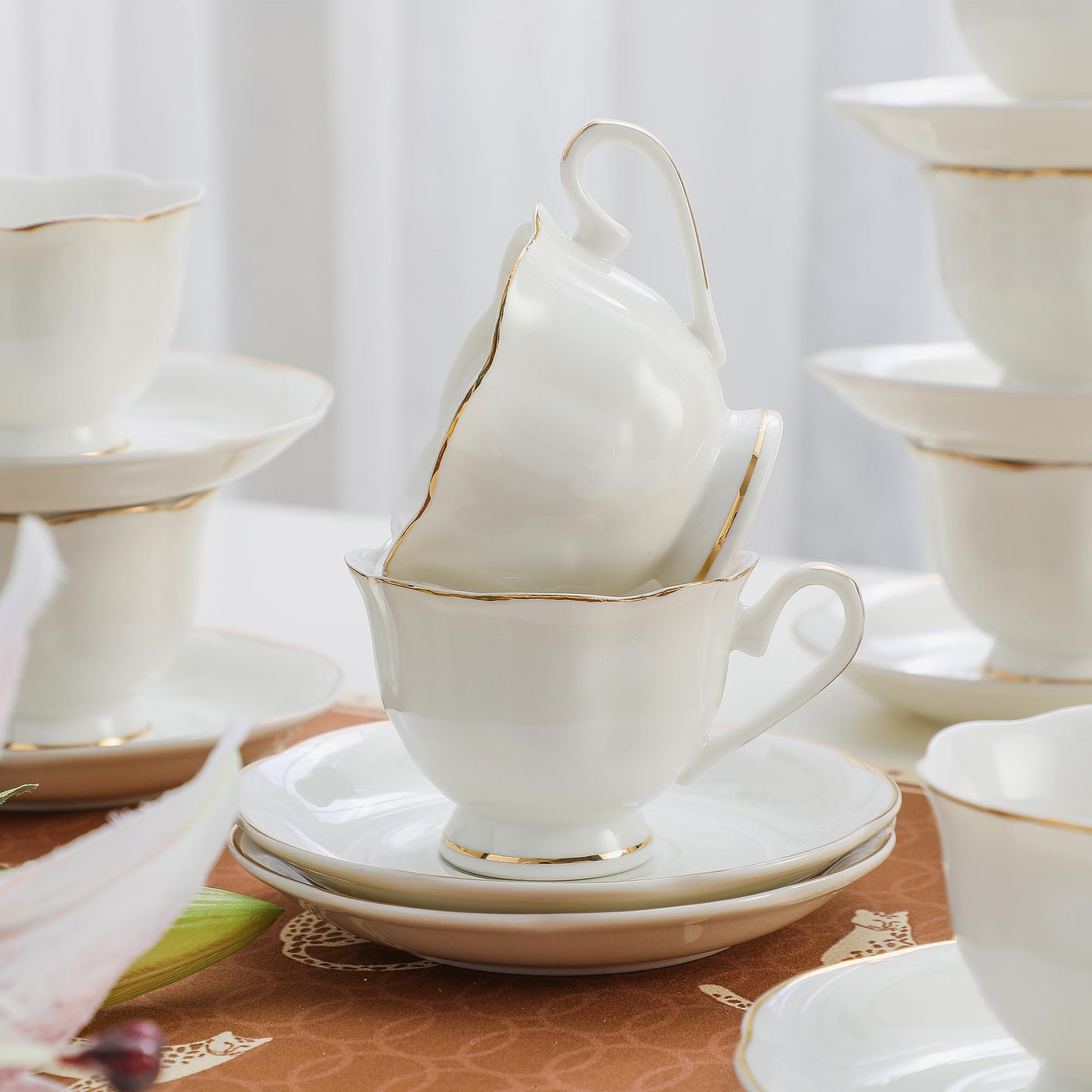 PRECITIME White Porcelain 75ml Demitasse Set of 8 (16-Piece) - 2.5oz Espresso Cups & Saucers, Elegant White & Gold Trim Coffee Set for Turkish Coffee, After Dinner, Gift Giving