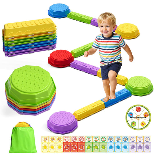 Wee Wonders Balance Beam Stepping Stones for Kids, Non-Slip Sensory Obstacle Course Toys for Toddlers, Stackable Balance Stones with Game Spinner & 30 Card, Indoor Outdoor Gifts for Boys Girls 3-5