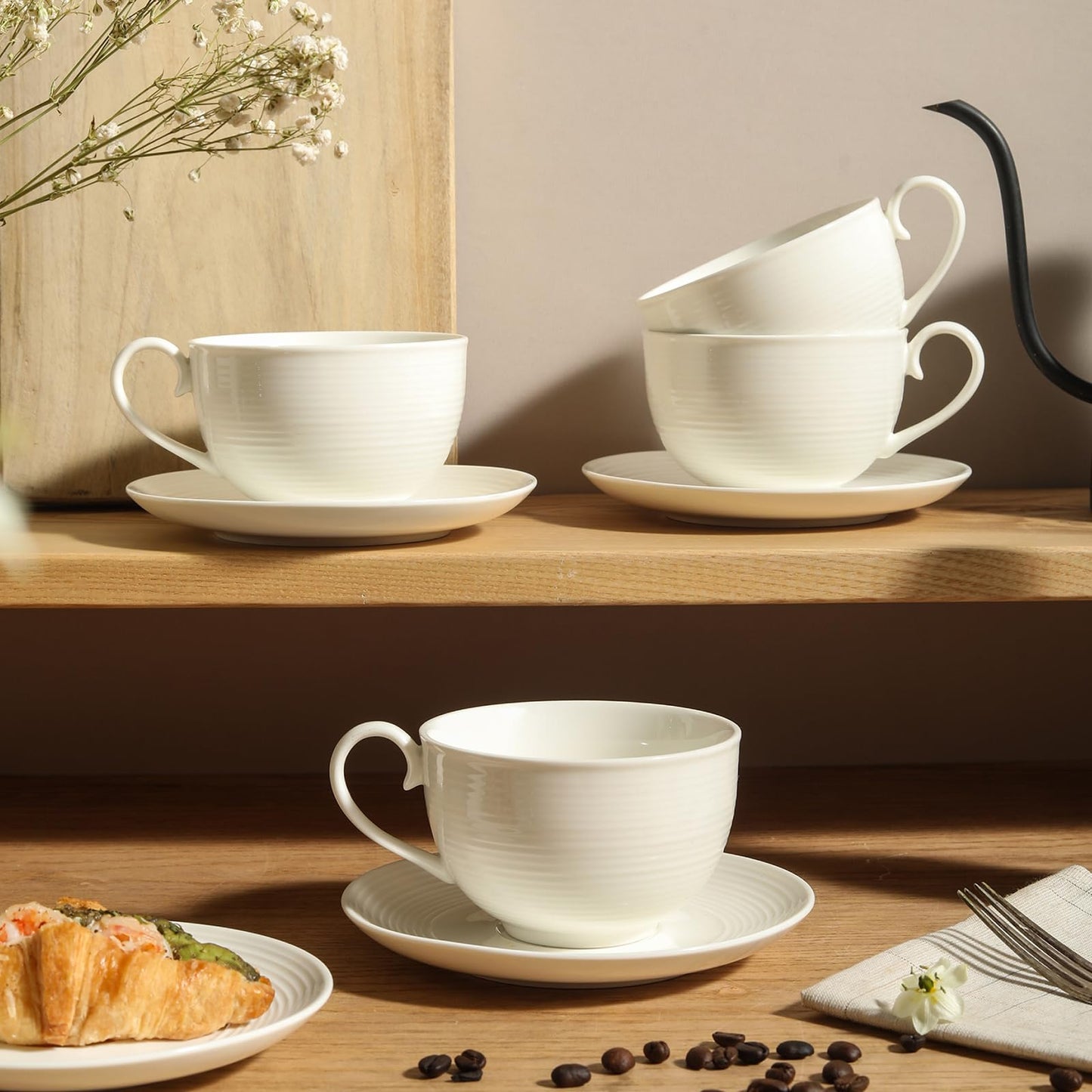 Feenmai 12 oz Cappuccino Cups with Saucers, Ceramic Espresso Coffee Cups Set of 4, White Latte Cup and Saucer, Elegant Tea Mugs Set, Microwave Dishwasher Safe Drinkware for Cafe, Housewarming Gift