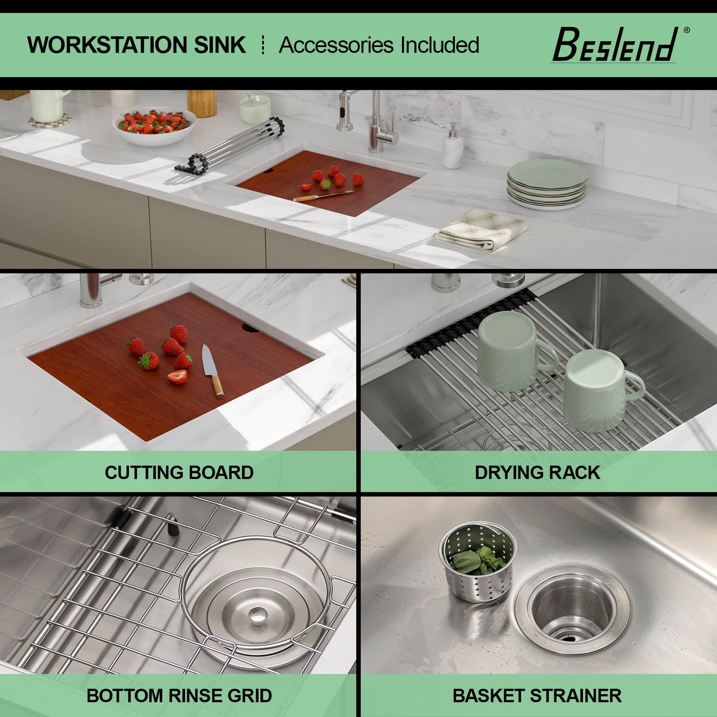 21 Undermount Bar Sink - Beslend 21x19 Inch Stainless Steel Bar Sink 16 Gauge Fully Covered Workstation Sinks RV Sinks 10 Inch Deep Under Counter Single Bowl Basin with Cutting Board