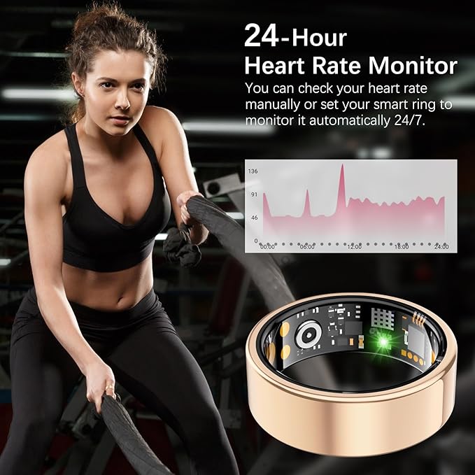 Ring Health Tracker for Women Men, Fit Ring with Heart Rate, Blood Oxygen, Sleep Monitor, Calories, Step Counter, IP68 Waterproof Smart Ring for iPhone & Android, No Subscription Fee (Rose Gold, 10#)