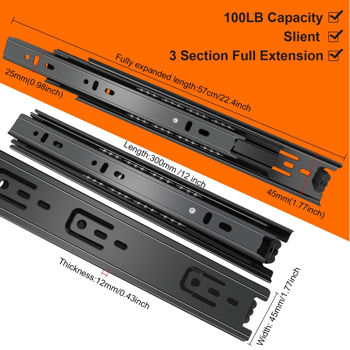 12 inch Drawer Slides 4 Pairs (8pcs) 3 fold Full Extension Side Mount Cabinet Drawer Glides 12" Black Cabinet Rails for Dresser, Cabinet, Kitchen,Trash Can, Wardrobe 100 LB Capacity