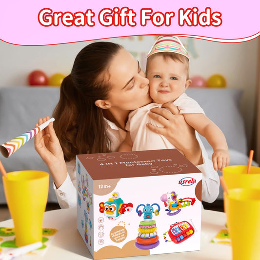 usrela 4 in 1 Baby Toy for 6 9 12 18 Month, Learning Toys for Babies 6-12 Months, Baby Busy Cube, Stacking Sorter, Pull String & Piano Xylophone Travel Toy, Birthday Gift for 1 2 Year Old