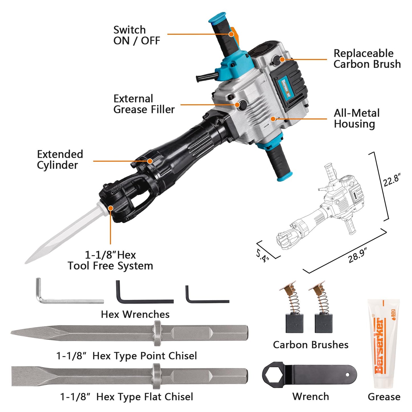 Berserker 55-Pound 1-1/8" Hex Shank Breaker Hammer, 2100W 17-Amp Heavy Duty Concrete/Pavement Demolition Jack Hammer with Carrying Case Flat Chisel & 2 Bull Point Chisel