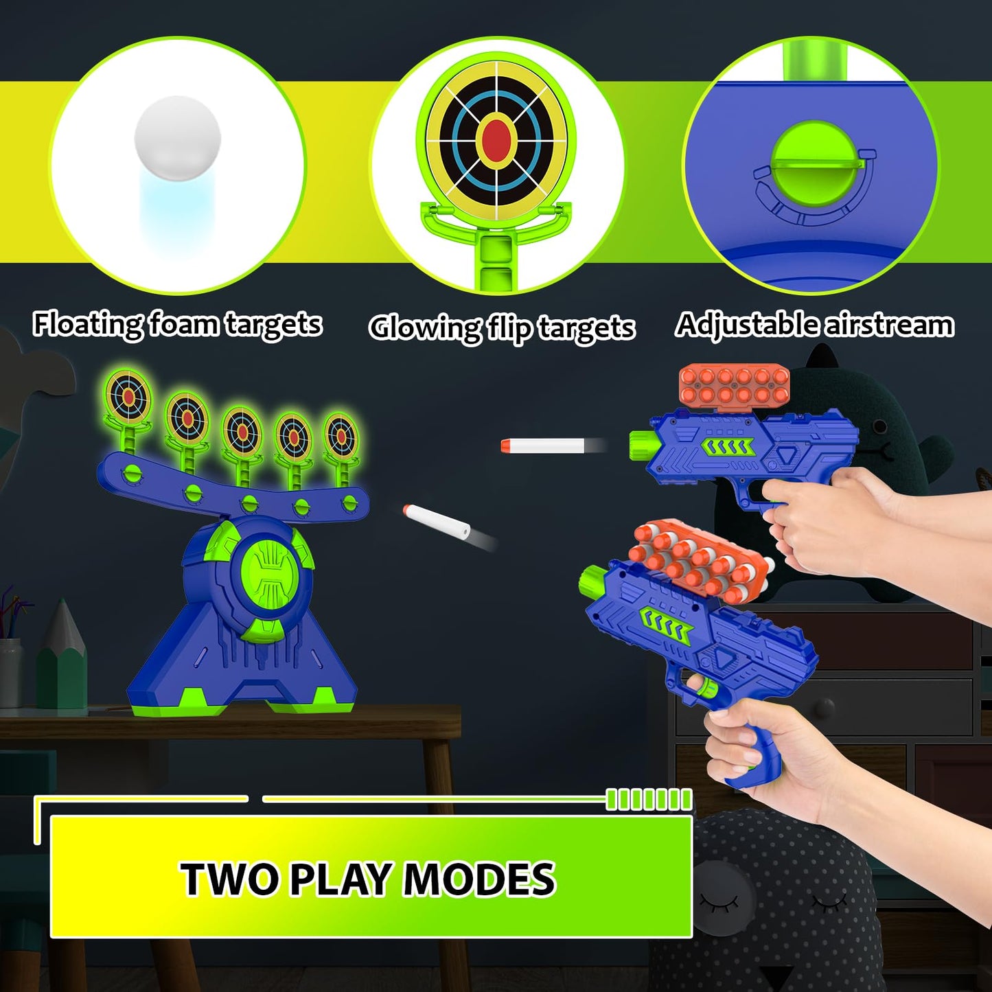 GMAOPHY Shooting Games Toy Gift for Age 5, 6, 7, 8, 9, 10+ Years Old Kids, Glow in The Dark Boy Gift Floating Ball Targets with Foam Dart Toy Blaster, 10 Balls 5 Targets