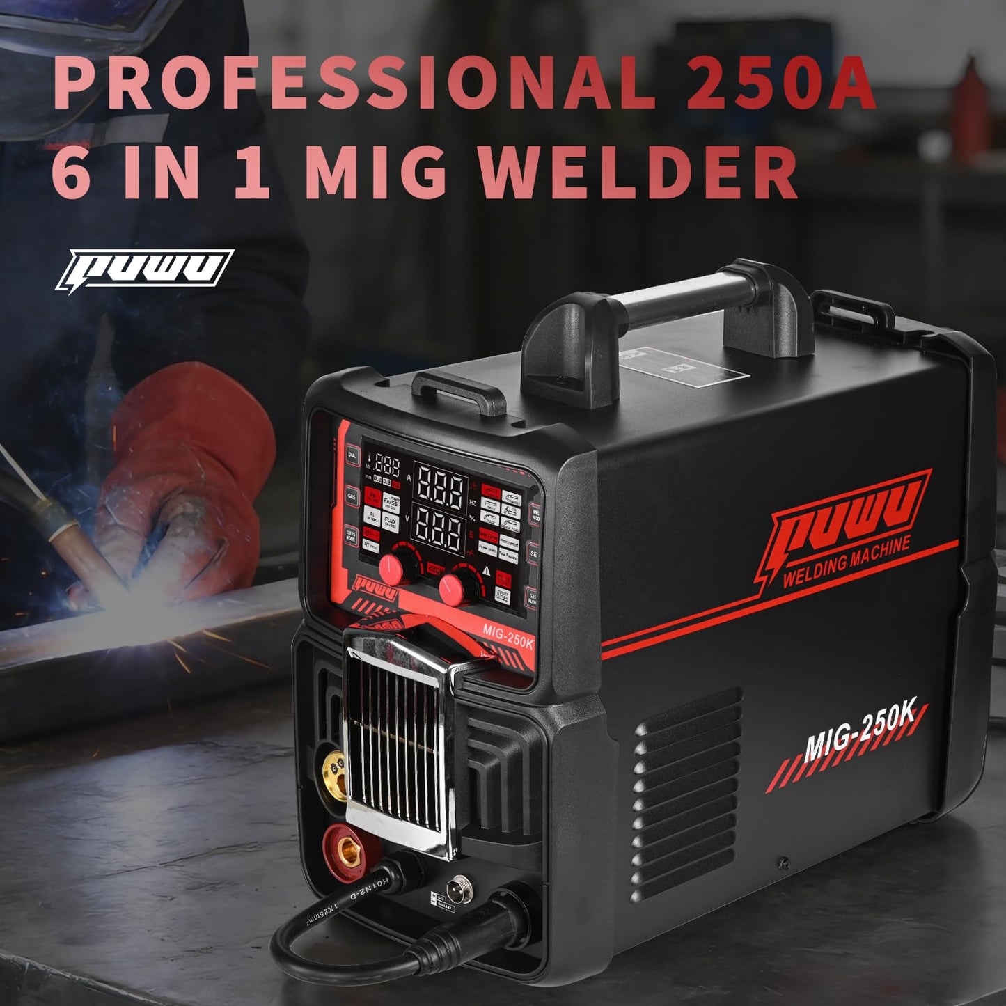 PUWU 250Amp 220V MIG Welder, 6-in-1 Multi-Process Aluminum Welding Machine -GAS MIG/GASLESS Flux Core MIG/Single Pulse MIG/Dual Pulse MIG/Lift TIG/STICK/MMA, Spool Gun Compatible(BLACK)