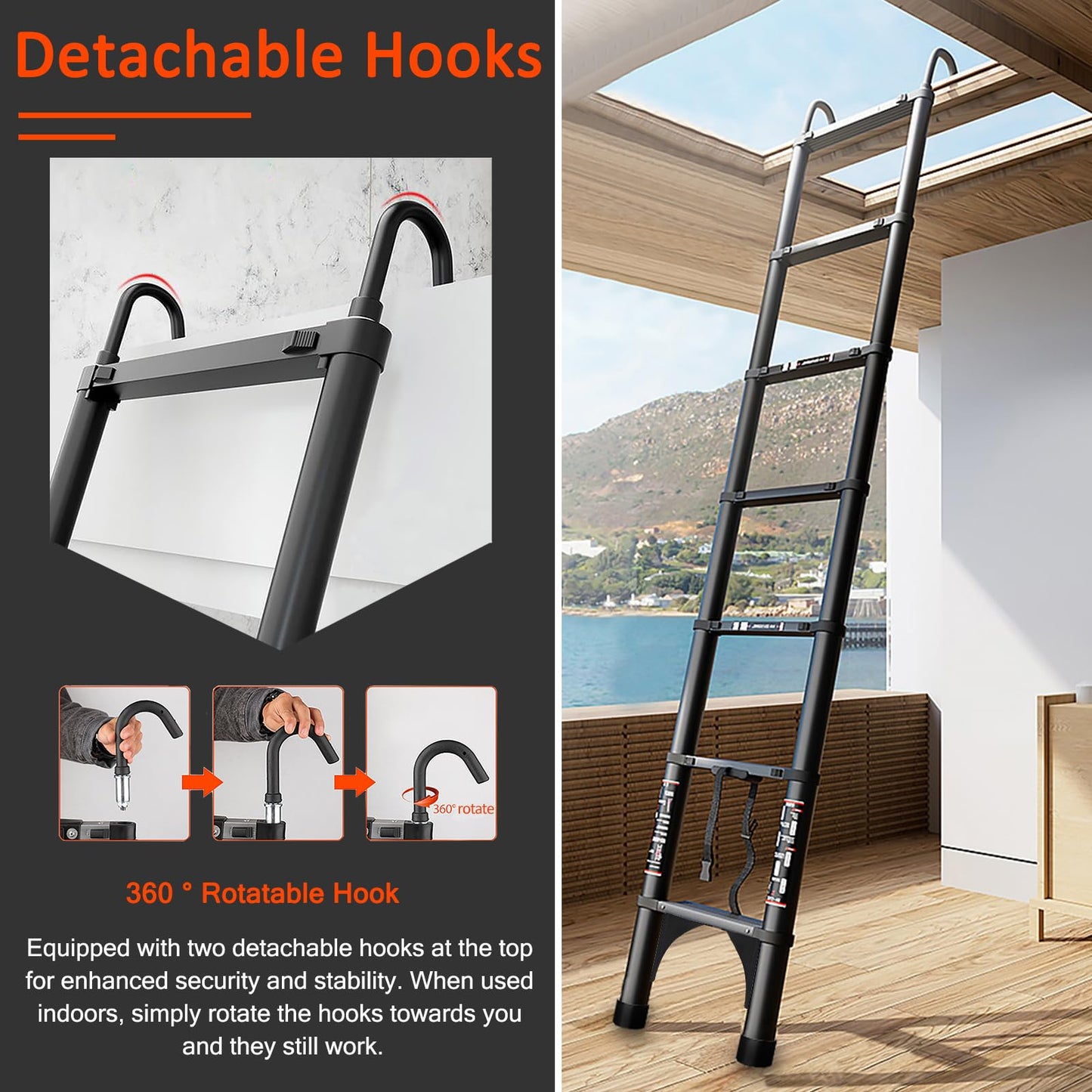 ARCHOM Telescoping Ladder 20 FT - Aluminum Telescopic Ladder with Hooks - Folding Extension Ladders for Home Work Loft Roof Attic RV Ladder with EN131 Certification - 330lbs Max Capacity (Black)