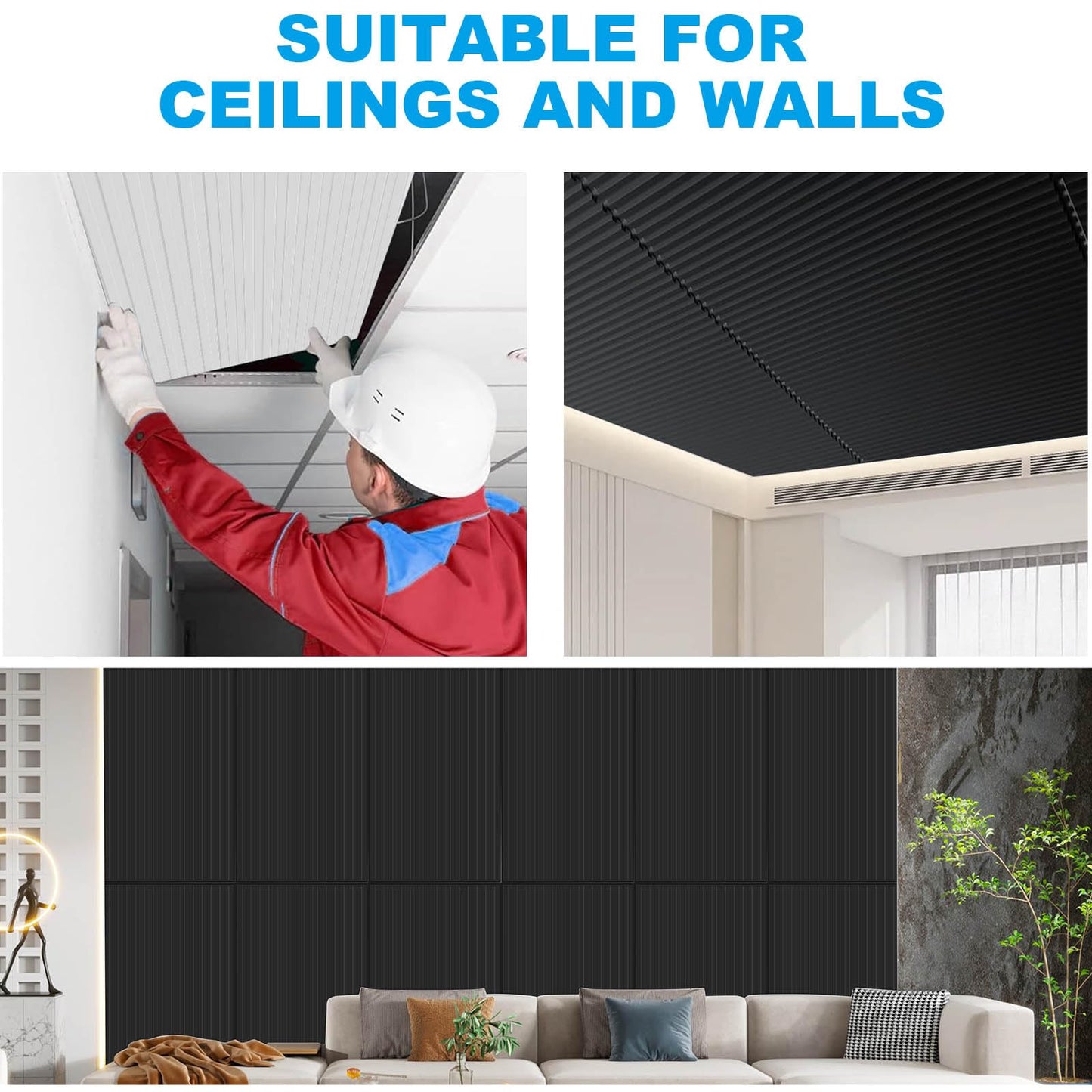 Ceiling Panel 2x4 Feet, PVC Decorative Ceiling Covering Panel, 3D Striped Wall Panel Indoor Wall Decoration, 12 Piece Pack Waterproof Ceiling Panel for Office/Basement/Kitchen/Recording Studio,Black