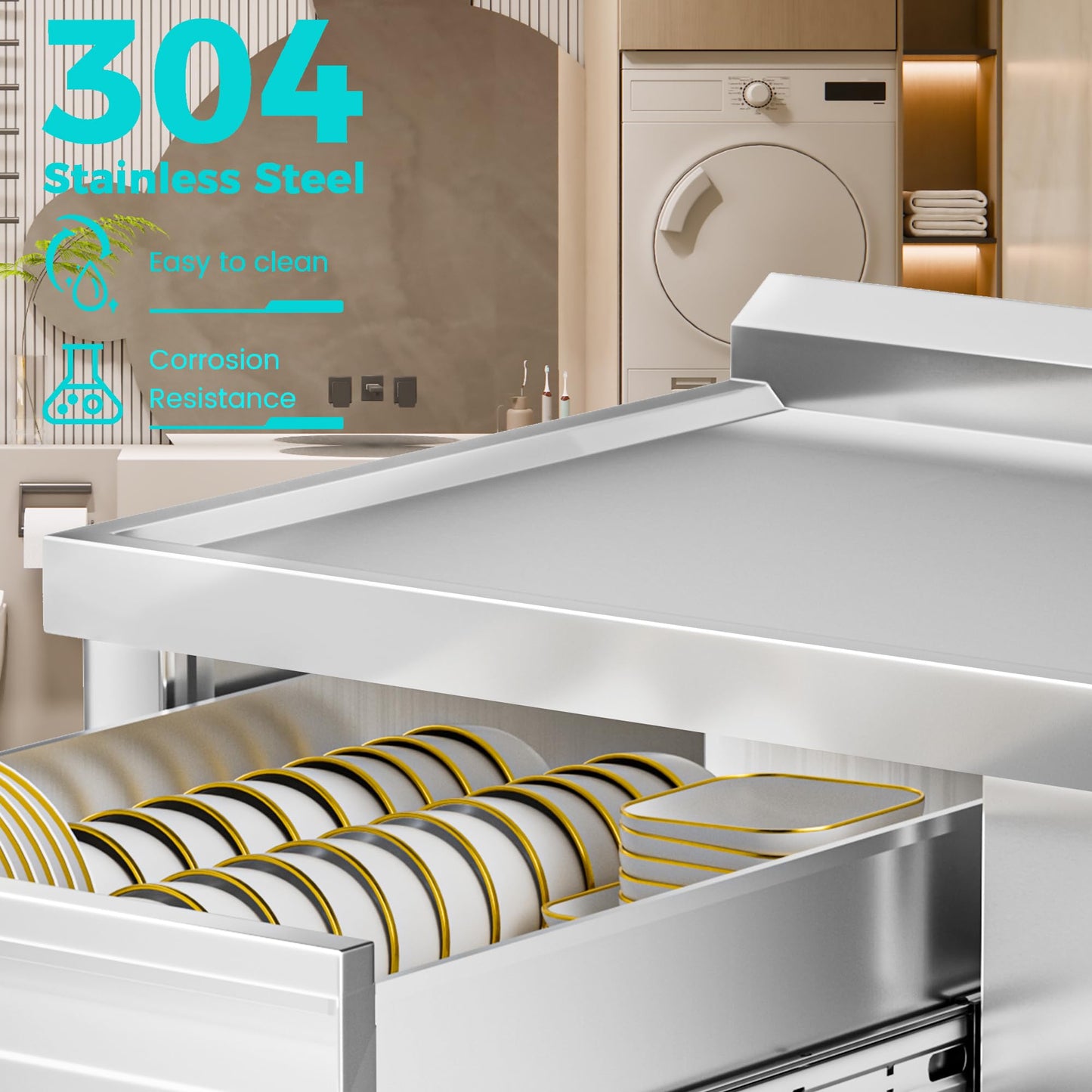 304 Stainless Steel Sink, Free-Standing Commercial Sink with Workbench, Drawer Storage & Hot/Cold Water Pipes for Laundry, Farmhouse & Outdoor Use