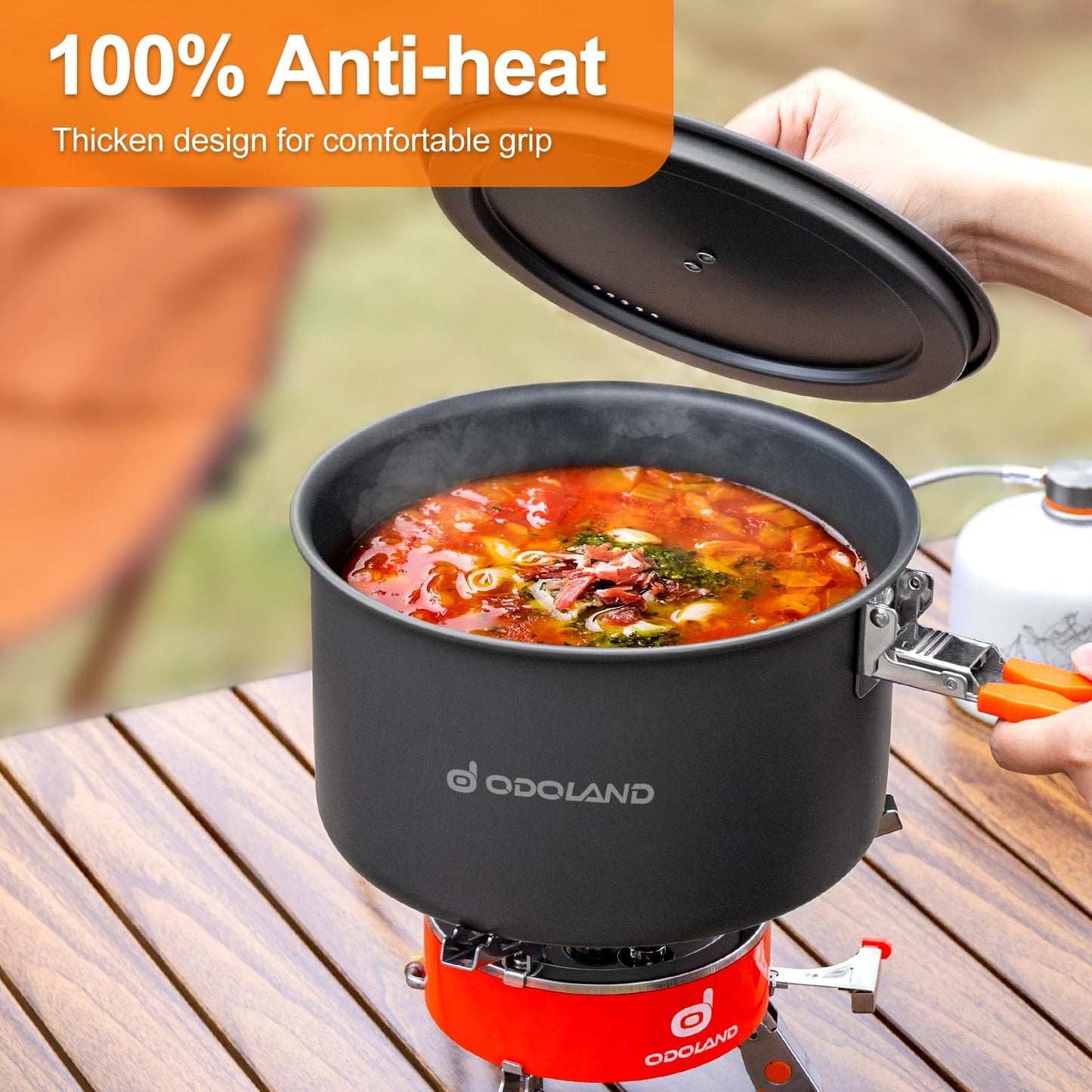 Odoland Camping Cookware Mess Kit, Non-Stick Lightweight Camping Pot and Fry Pan Set with Mesh Bag for Backpacking, Outdoor Cooking and Picnic, for 1-2 People