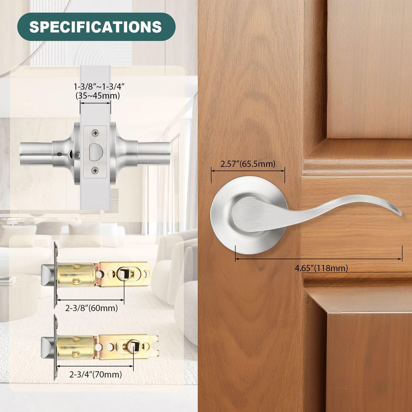 GOBEKOR Door Handles Brushed Nickel Passage Door Handle Interior Door Lock Keyless Hall Closet Door Knob Silver Passage Door Levers, Reversible Lever, 6 Pack