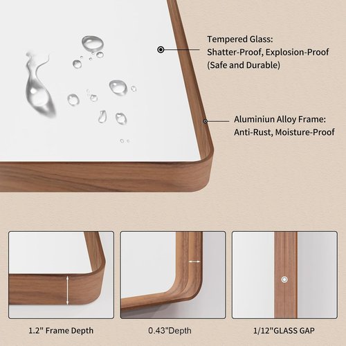 LOAAO Bathroom Mirror - 40x30 Inch Rounded Rectangle with Wood Grain Metal Frame | Anti-Rust, Versatile Hanging Options
