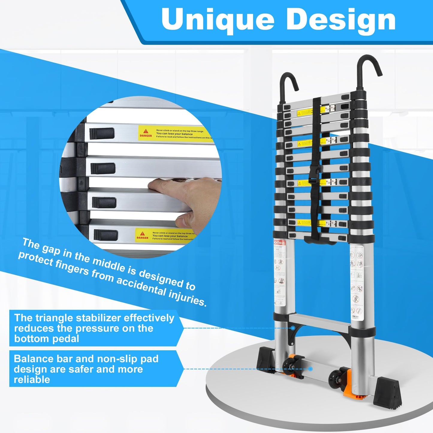 Wolec 16.5 FT Telescoping Ladder with Hooks, Adjustable Multi-Purpose Collapsible Extension with Stabilizers & Wheels, Heavy Duty 330 lbs Max Capacity, Ideal for Home and Outdoor Work,Silver