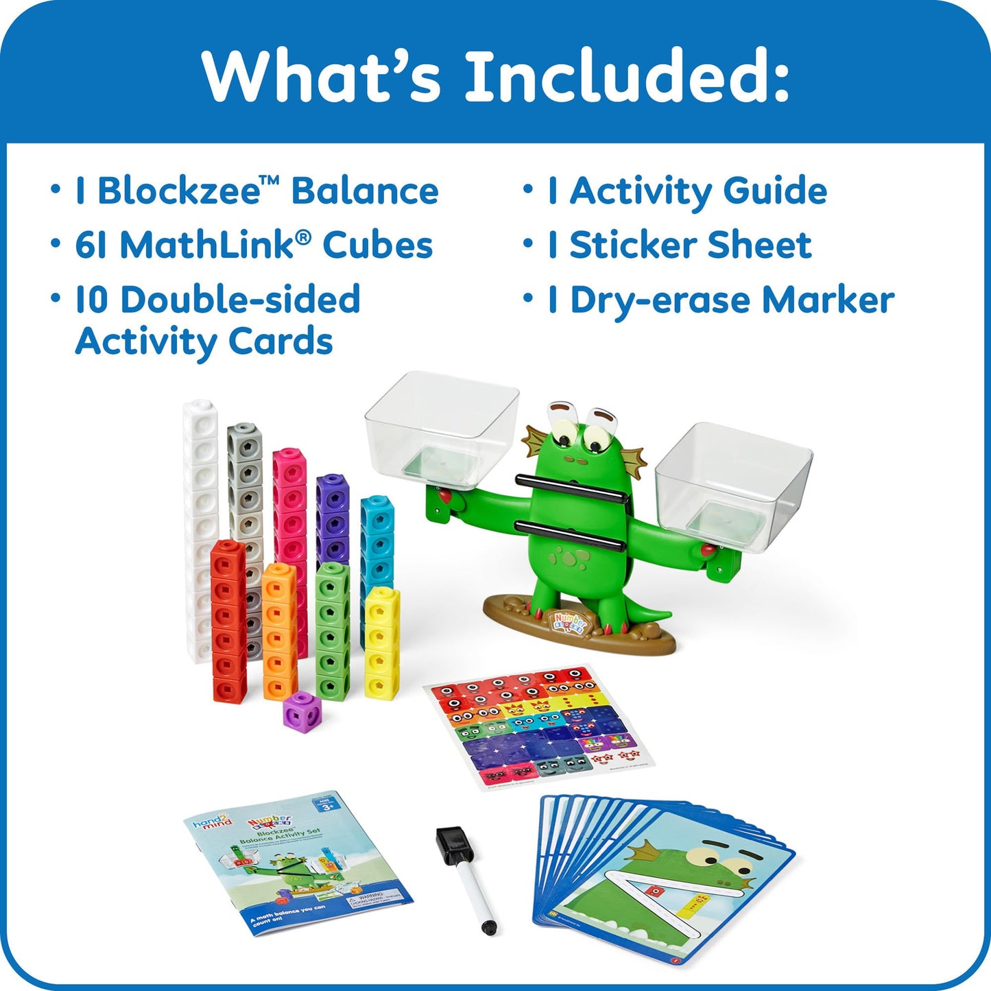 hand2mind Numberblocks Blockzee Balance Activity Set, ﻿61 MathLink Cubes, Balance Scale, Educational Math Manipulatives, Numbers for Toddlers, Preschool Learning Activities, Birthday Gifts for Kids