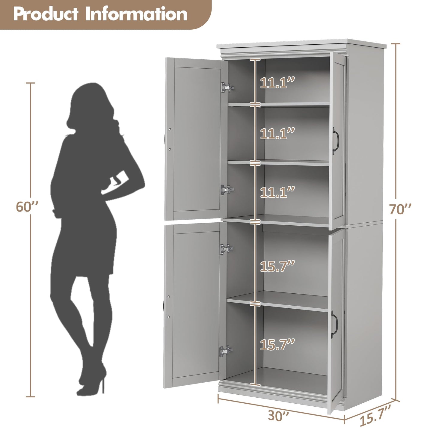 GarveeHome Pantry Cabinet, Freestanding Kitchen Pantry Storage Cabinet,70 in Cupboard, Tall Storage Cabinet with Doors and Adjustable Shelves, for Bathroom, Dining Room, Living Room, Gray