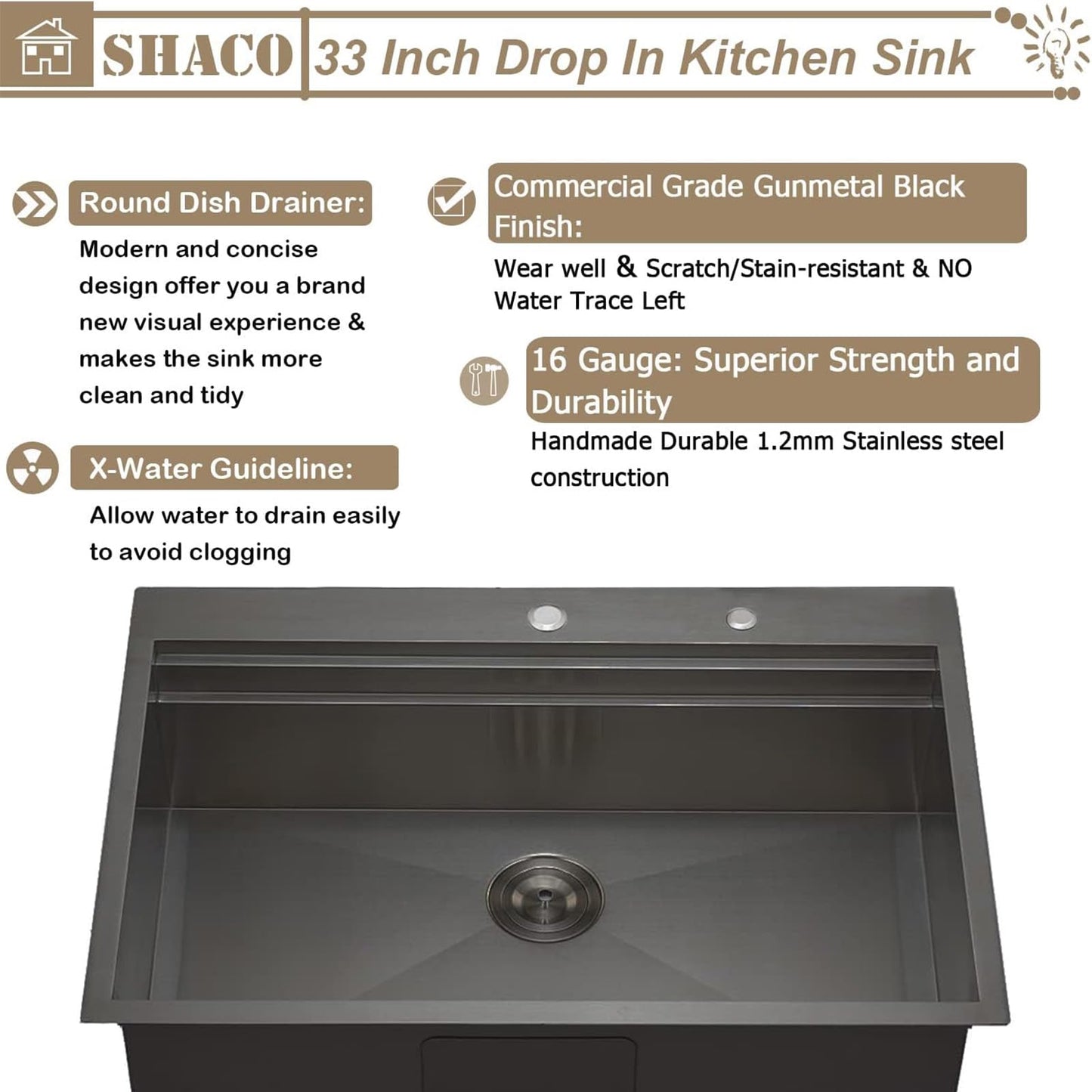 SHACO 33x22 Black Drop In Kitchen Sink, 33 Inch Topmount Gunmetal Black Stainless Steel Single Bowl Overmount Double Ledges Workstation Sink with Accessories