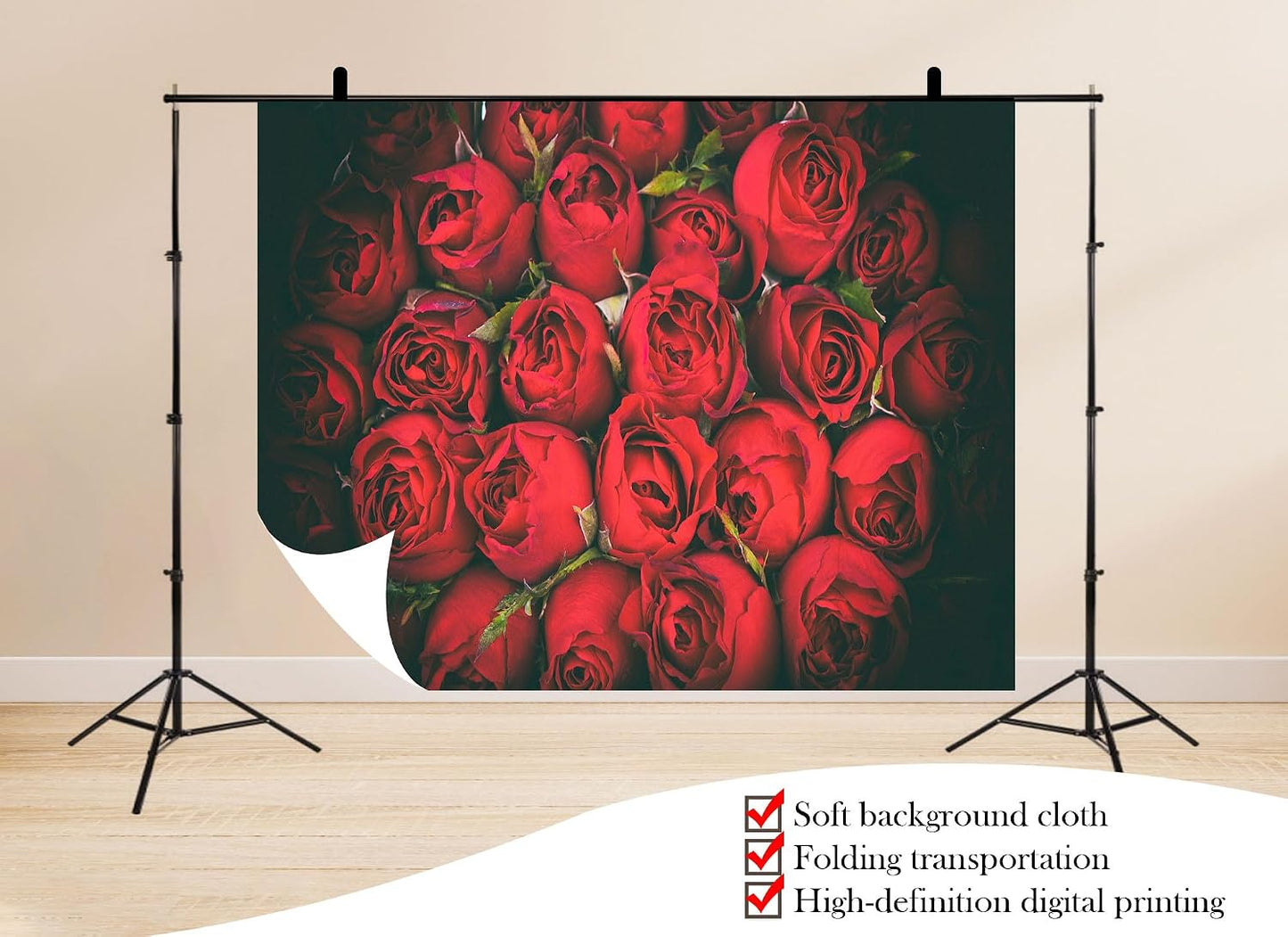 UPXIO 10x8ft Dense Red Roses Bouquet Backdrop Romantic Floral Deep Red Petals Photo Background Tapestry for Wedding