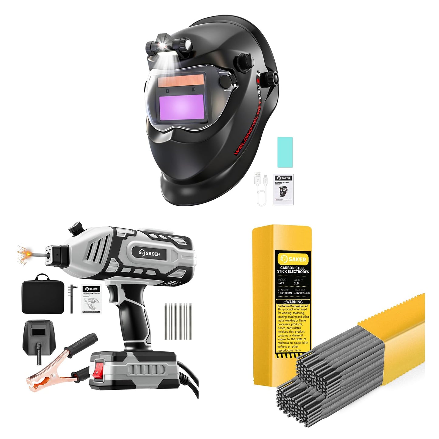 Saker Portable Electric Welding Machine-Saker E6013 Welding Rod 3/32'' 5LB-Saker Auto Darkening Welding Helmet with LED Light