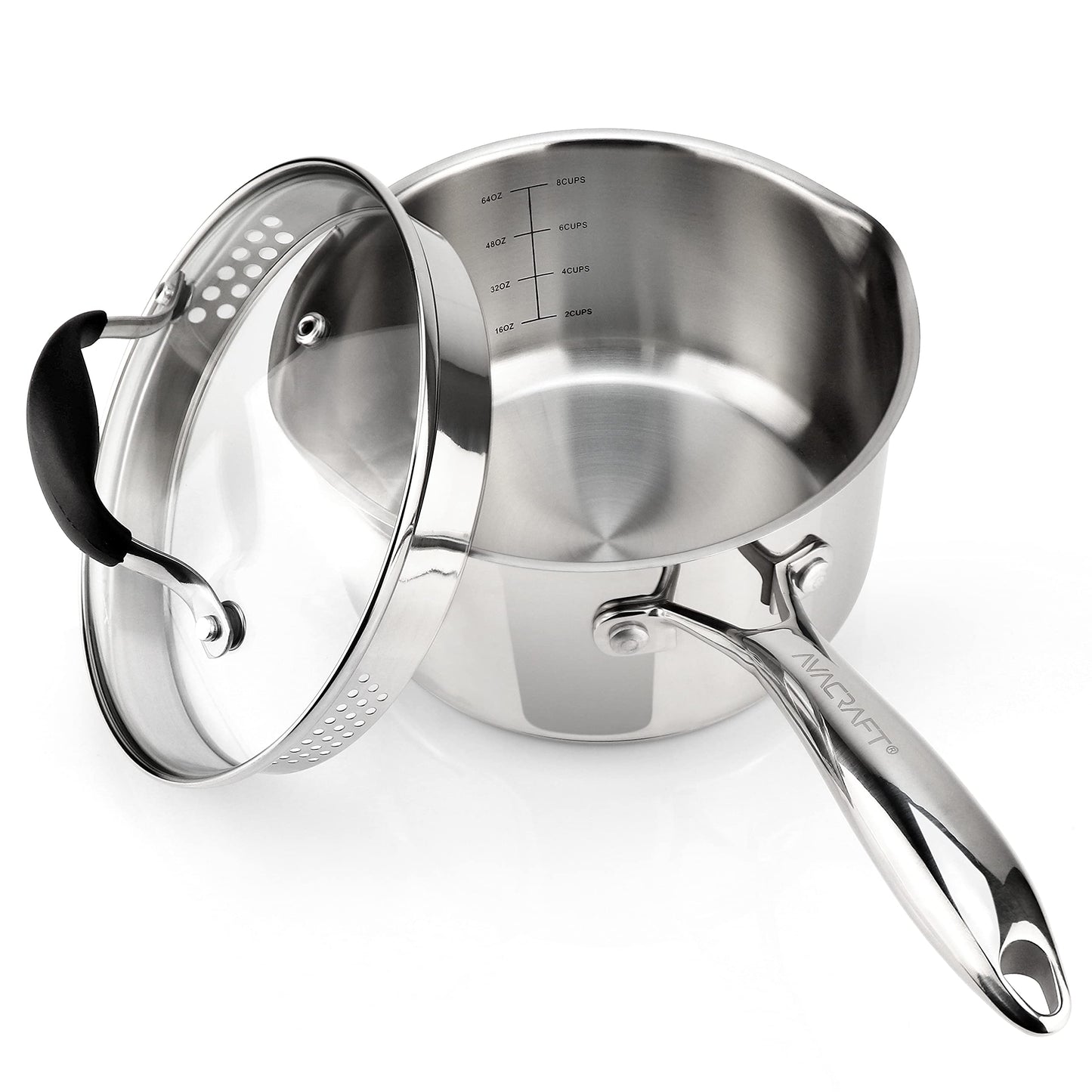 AVACRAFT Stainless Steel Saucepan with Glass Strainer Lid, Two Side Spouts for Easy Pour with Ergonomic Handle, Multipurpose Sauce Pot (5-Ply Capsule Bottom, 2.5 Quart)