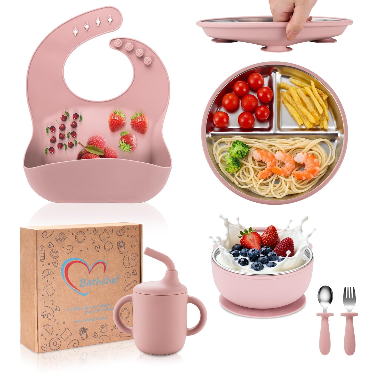 Toddler Plates and Bowls Set Stainless Steel - Bathchef Baby Feeding Set Strong Suction, BPA Free Durable Divided Plates, Safe Self Baby Feeding Utensils,Cup,Spoon,Fork,Dishwasher Safe,6pcs,Pink