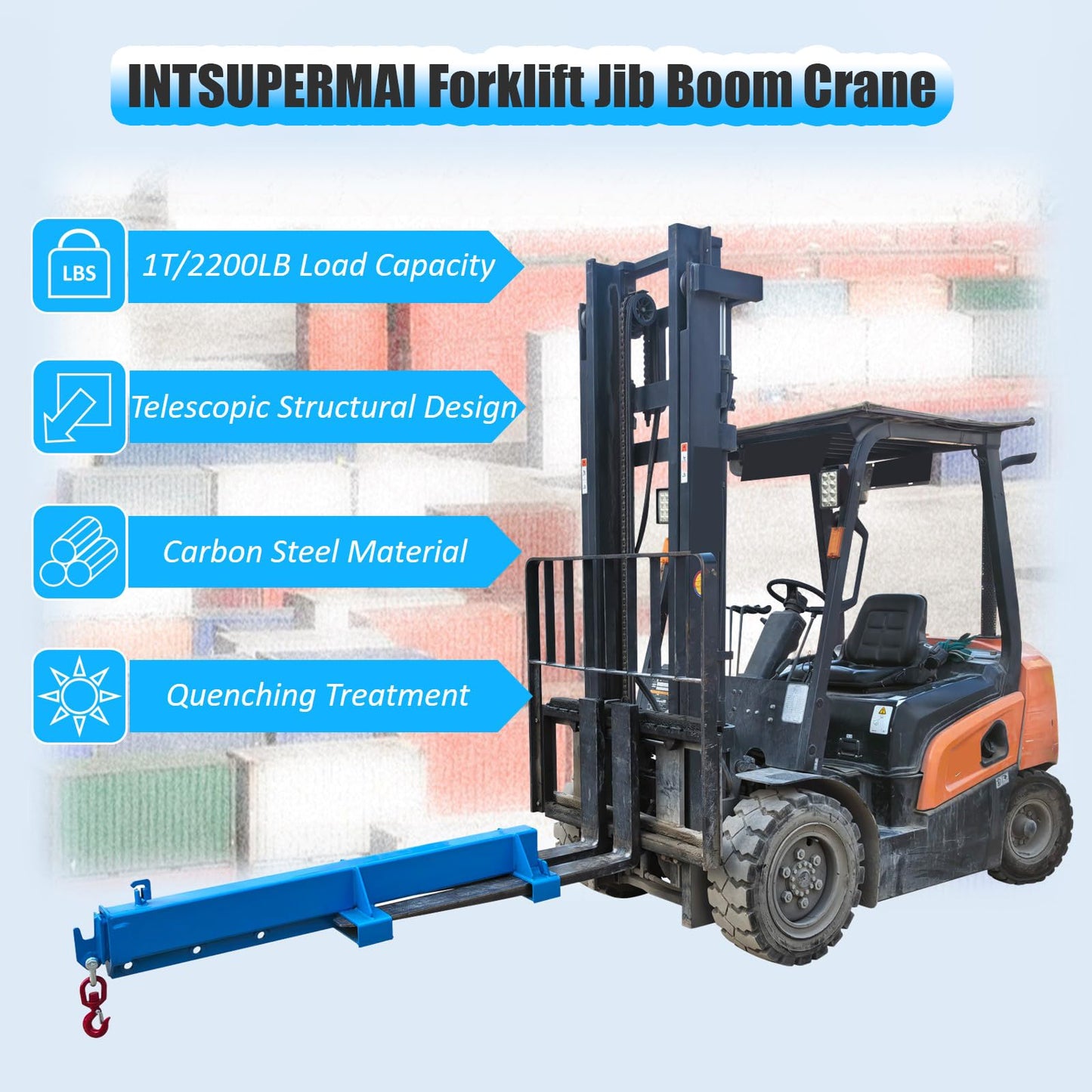 INTSUPERMAI Forklift Mobile Crane 2200lbs/1 Ton Capacity Adjustable Forklift Jib Boom Crane Max 8.2ft/2.5m Telescopic Arm with Truss Hoist Jib Boom and Hook for Warehouses Factories Workshops