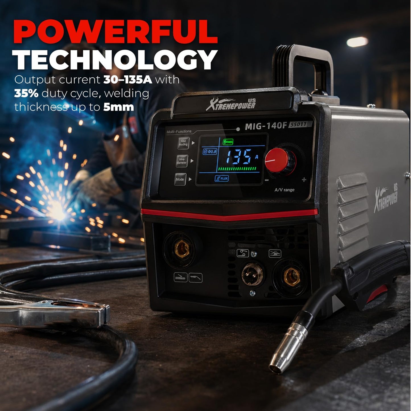 XtremepowerUS 3-in-1 MIG Welder 135Amp,110V Flux Core Welder Flux Core MIG/Lift TIG/Stick Large LED Digital Display Welding Machine Gasless Welder IGBT FLUX