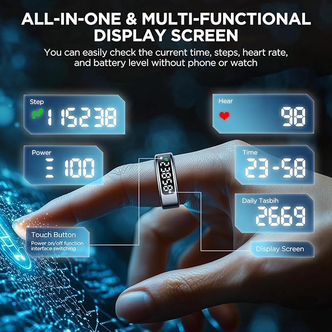 Smart Rings for Men with Display Screen, Fitness Ring with Wireless Charging, Sleep Tracker Ring with Heart Rate, Health Rings for Activity Monitoring/Steps/Calories, for iOS Android (Black,8#)