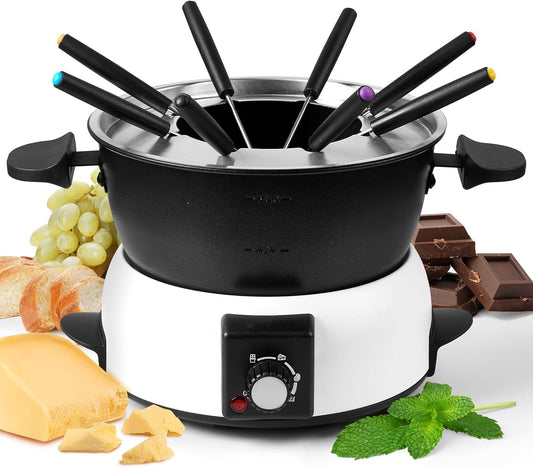 Saenchue 3-Quart Electric Fondue Pot Set – Stainless Steel Fondue Pot with 8 Color-Coded Forks, 3-Mode Adjustable Temperature Control for Cheese, Chocolate, Oil, and Hotpot, Model FD-10B