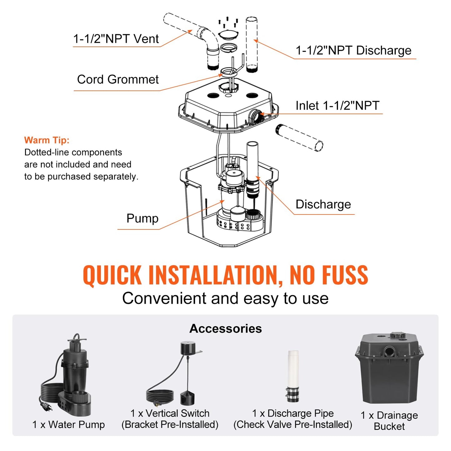 VEVOR Utility Sink Pump, 1/3 HP, 120-Volt, 2900 GPH Flow, 25 ft Head, Under-Sink Sump Pump System with 6 Gallon Basin, for Automatic Utility/Laundry, Drain Pump with 1-1/2" NPT Outlet, Black