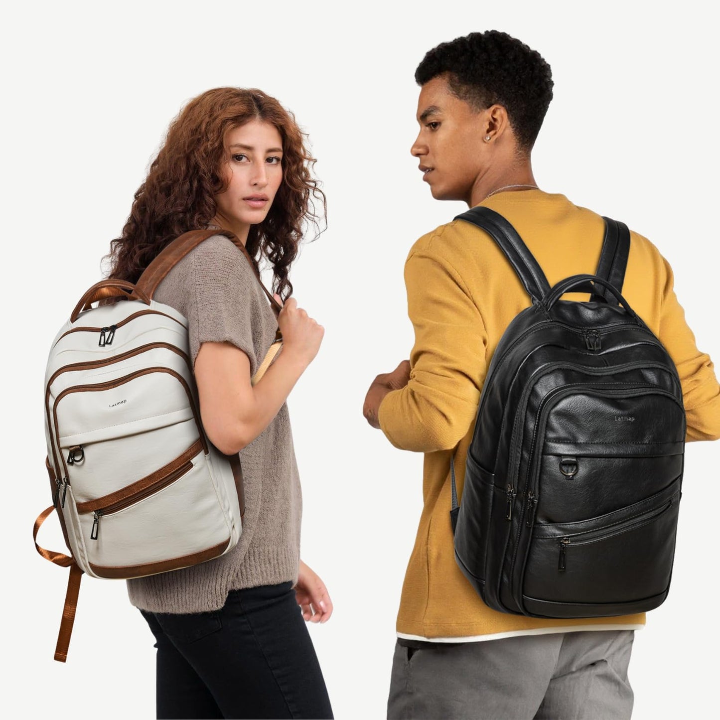 LATMAP 43L Backpack for Women Men - Vegan Leather Backpack Purse Travel Carry-on Bag College Bookbag Work fits 17" Laptop, Black