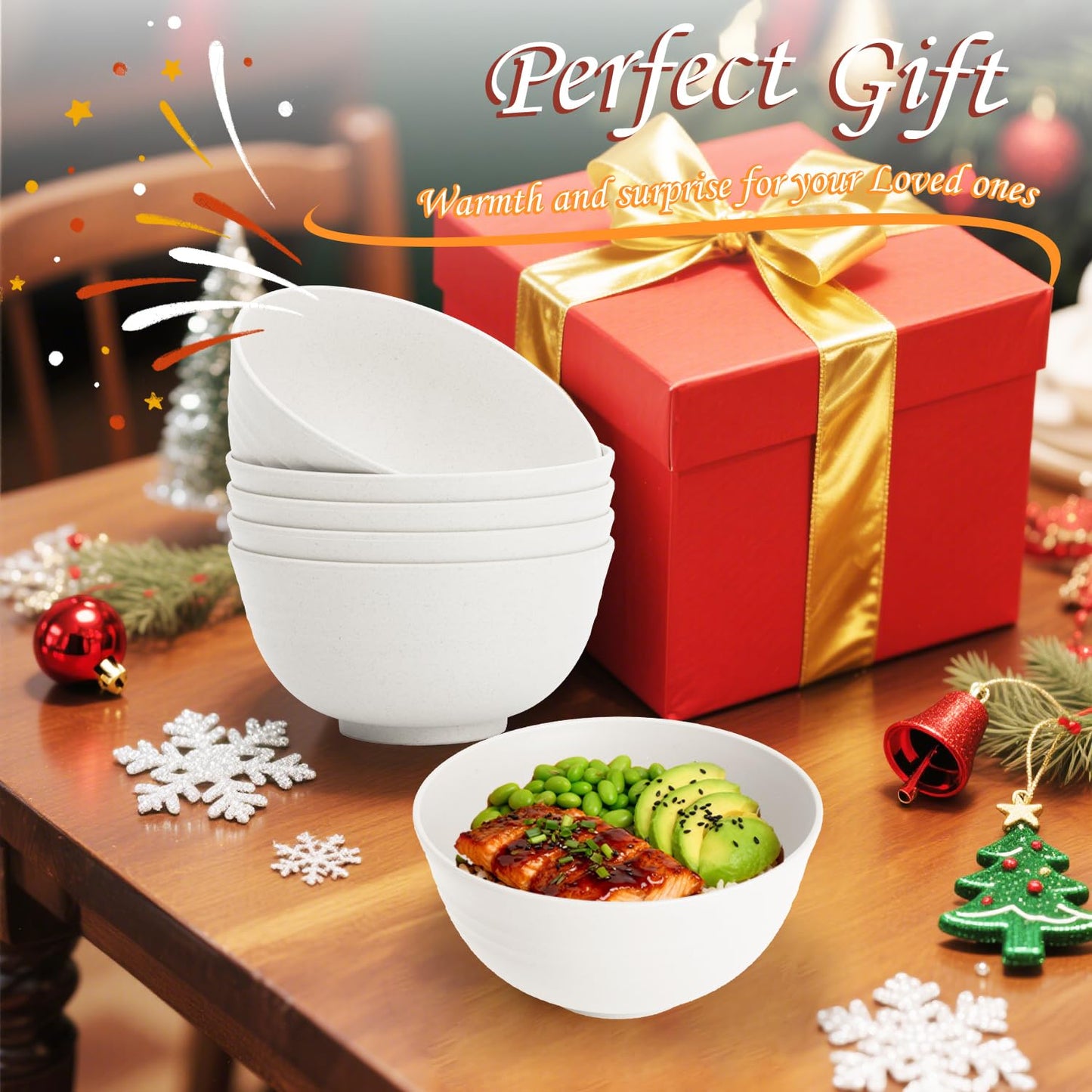 Homienly Wheat Straw Cereal Bowls Plastic Bowls Alternatives 26 OZ Unbreakable Soup Bowls for Kitchen, Outdoor, RV Microwave and Dishwasher Safe Bowl Set of 6, Reusable (White)
