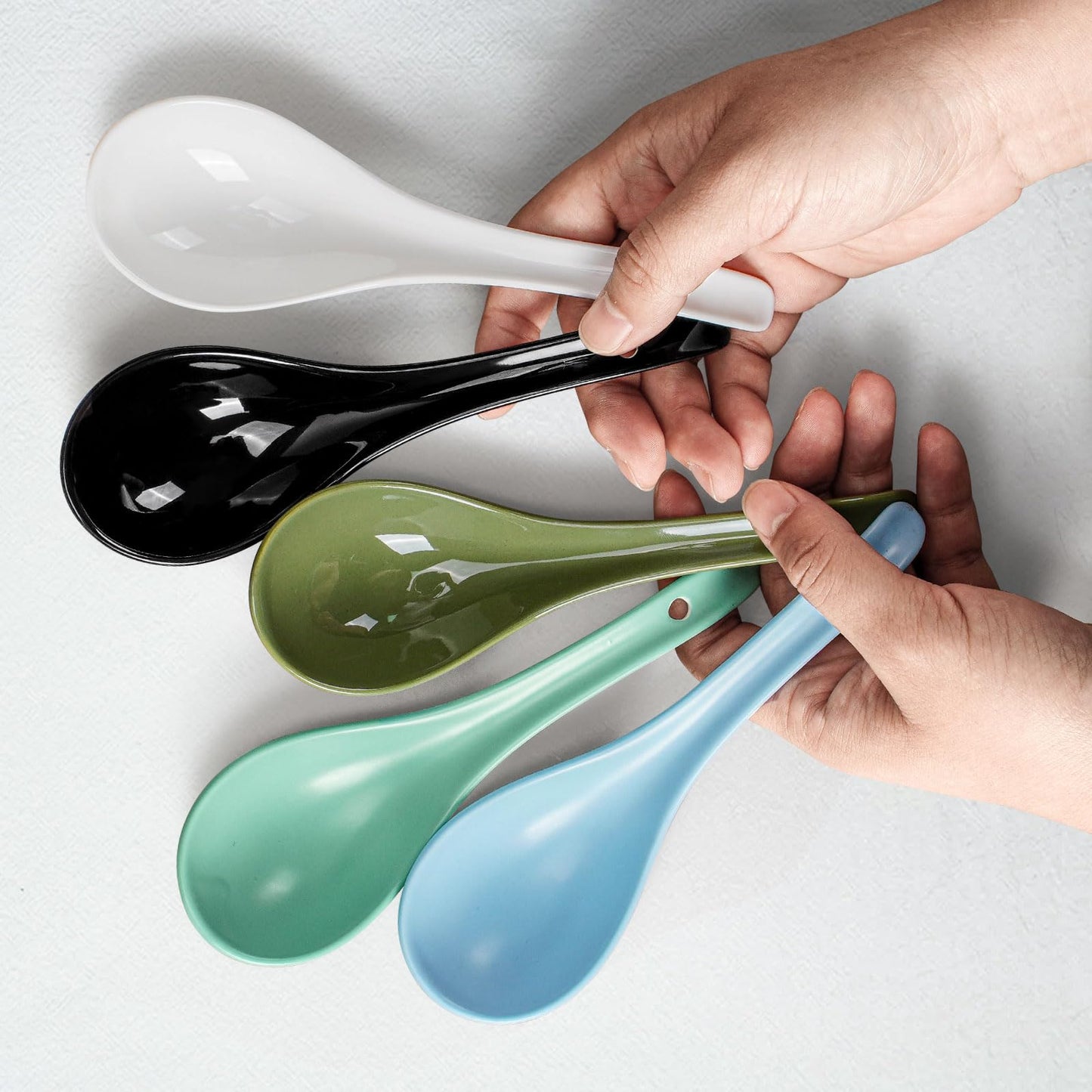 Artena 6.75 inch Solid Asian Soup Spoon Set of 6,Ultra-fine Porcelain Japanese Soup Spoon,Ramen Spoons for Pho Noodles Miso, Chinese Soup Spoons for Dumpling Wonton Cereal, Deep Oval Hook Design-Green
