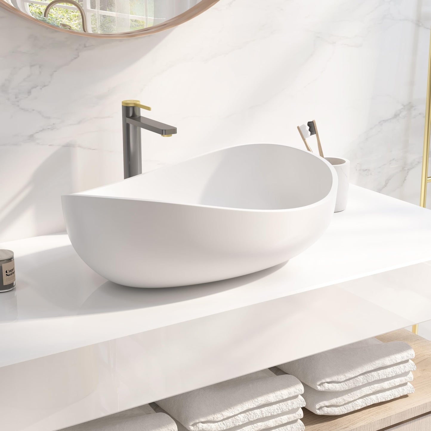 COGITIL Bathroom Sink, 22" Oval Vessel Bowl Sink Stone Resin Modern Artistic Design for Vanity Countertops Matte White with Pop Up Drain (Glossy White)