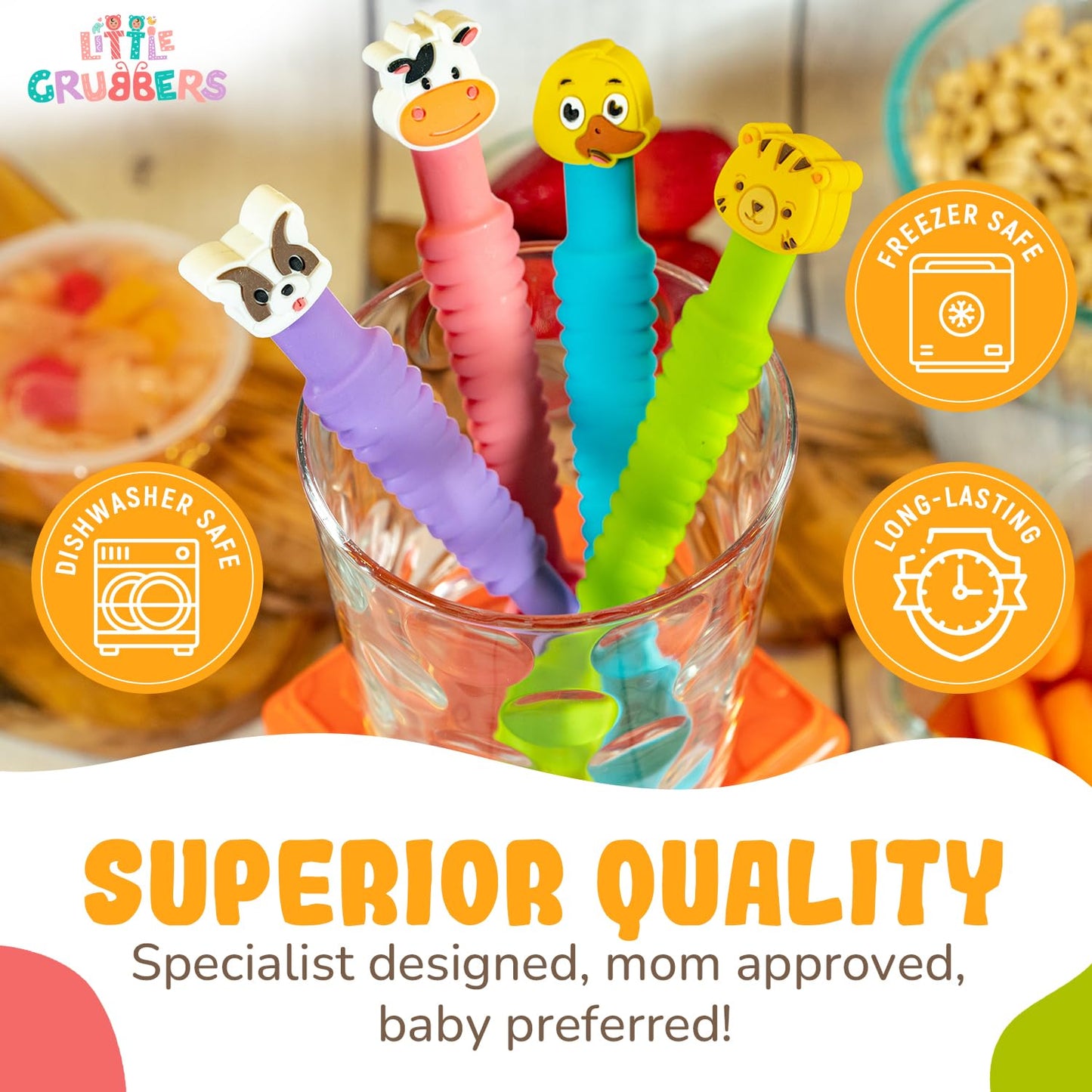 Little Grubbers 3-in-1 Silicone Baby Spoon Self Feeding 6+ Months - Pediatric OT Designed Teether Spoon, BPA Free Infant Toddler Utensils, Mess-Free, Fun for Baby Led Weaning Supplies - 4 Pack