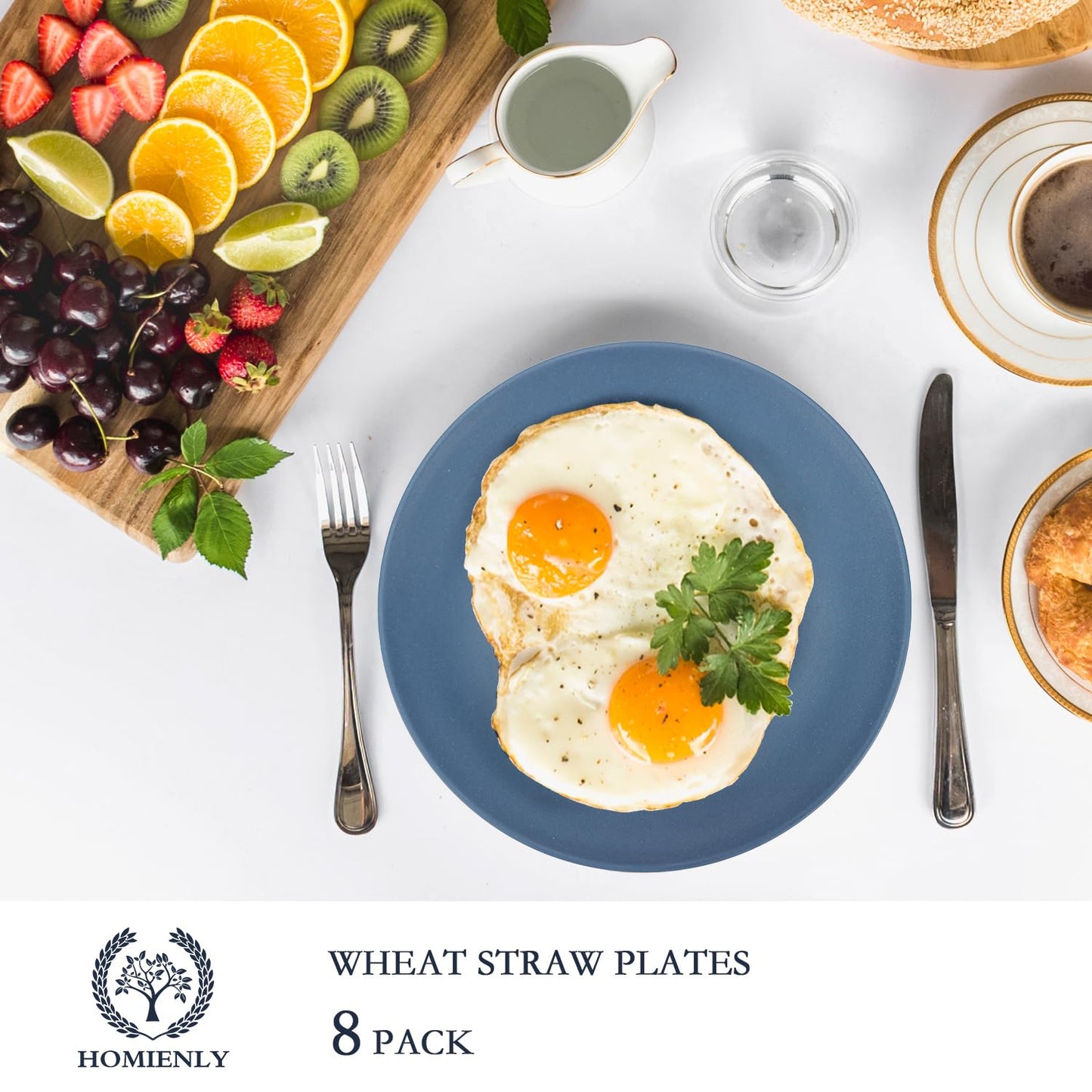 Homienly Flat Dinner Plates Set of 8 Alternative for Plastic Plates Microwave and Dishwasher Safe Wheat Straw Plates for Kitchen Unbreakable Kids Plates (Blue, 9 inch), MS 01