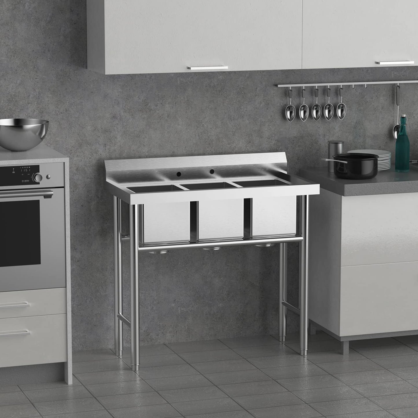 Bonnlo 3-Compartment NSF 304 Stainless Steel Utility Sink Commercial Grade Laundry Tub Culinary Sink for Outdoor Indoor, Garage, Restaurant, Kitchen, Laundry/Utility Room - 39” W x 18” D x 40.2” H
