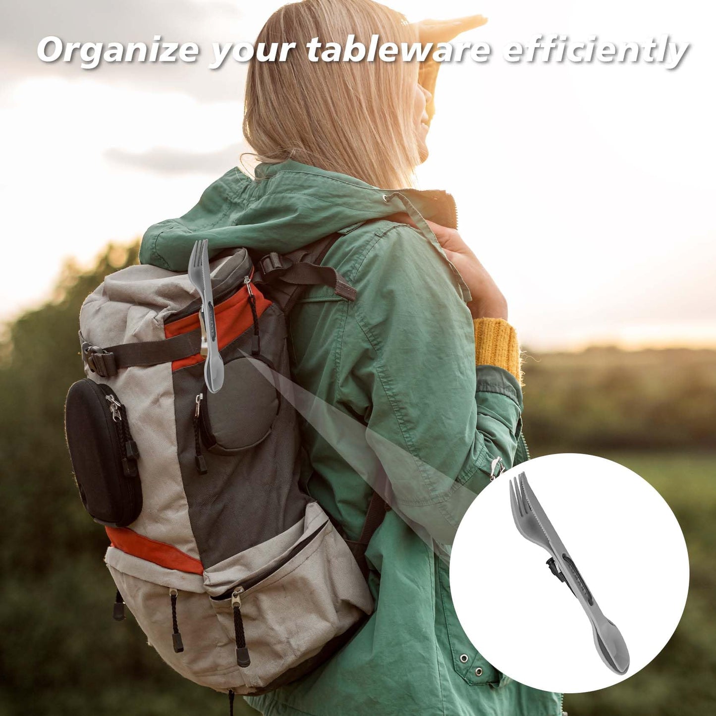 Loyzcy Reusable 4-in-2 Combo Camping Utensil Set, 4 Sets Spoon-Fork-Knife Travel Utensils, Portable Plastic Cutlery Backpacking Gear for Lunch Hiking Outdoor Survival (Green, Orange, Blue, Grey)
