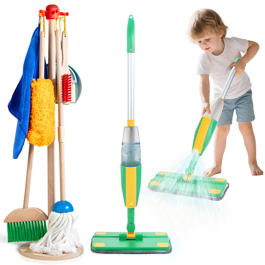 Wooden Kids Cleaning Set with Spray Mop, Montessori Cleaning Toys Real Water Sprayer and Toddler Broom Mop Set, Housework Pretend Play Toy Gift for Boys Girls Ages 3+