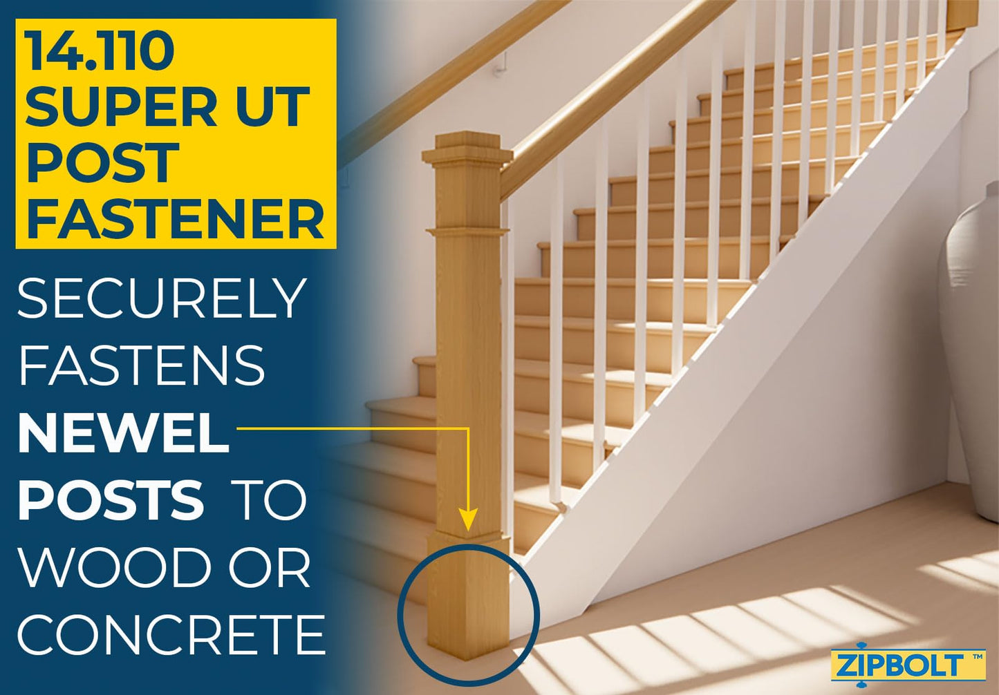 Zipbolt 14.100 Super UT Newel Post Fastener Bulk Pack — Quick and Easy Wrench-Free Installation of Staircase Newel Posts, Anchors Post Directly to Wood or Concrete Floor