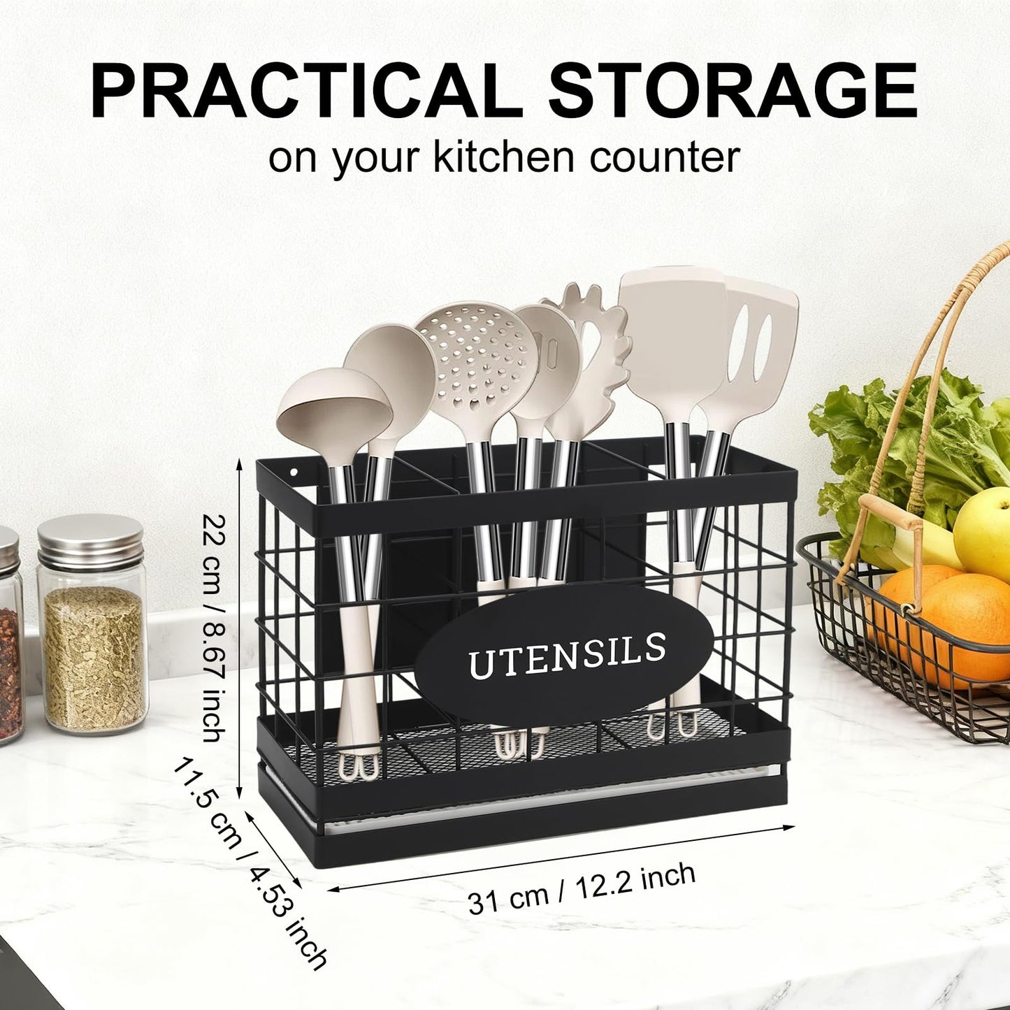 Vivise Magnetic Utensil Holder for Fridge Large Silverware Organizer Kitchen Utensil Organizer with Draining Kitchen Counter Sturdy Black Metal Cooking Caddy Storage for Silicone Spatula Fork Spoon