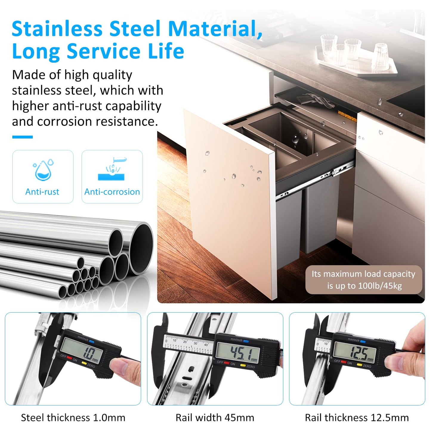 REGUDA Stainless Steel Drawer Slides Ball Bearing 3 Folds Full Extension Side Mount Cabinet Runners Glides Rails Track 100 Lbs Load 10 12 14 16 18 20 22 24 Inch (Silver-Stainless Steel- 1 Pr, 12 inch)